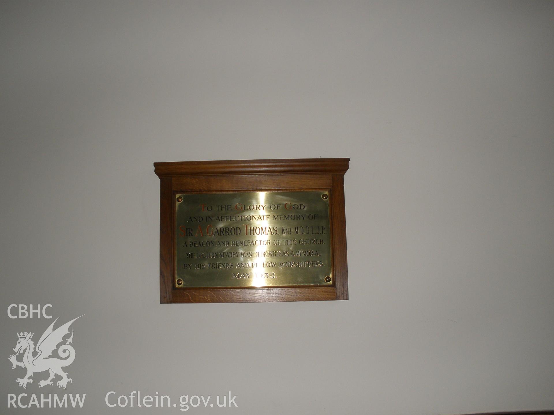 View of ground floor interior - brass plaque in memory of Sir A . Garrod Thomas, Deacon, dated 1932