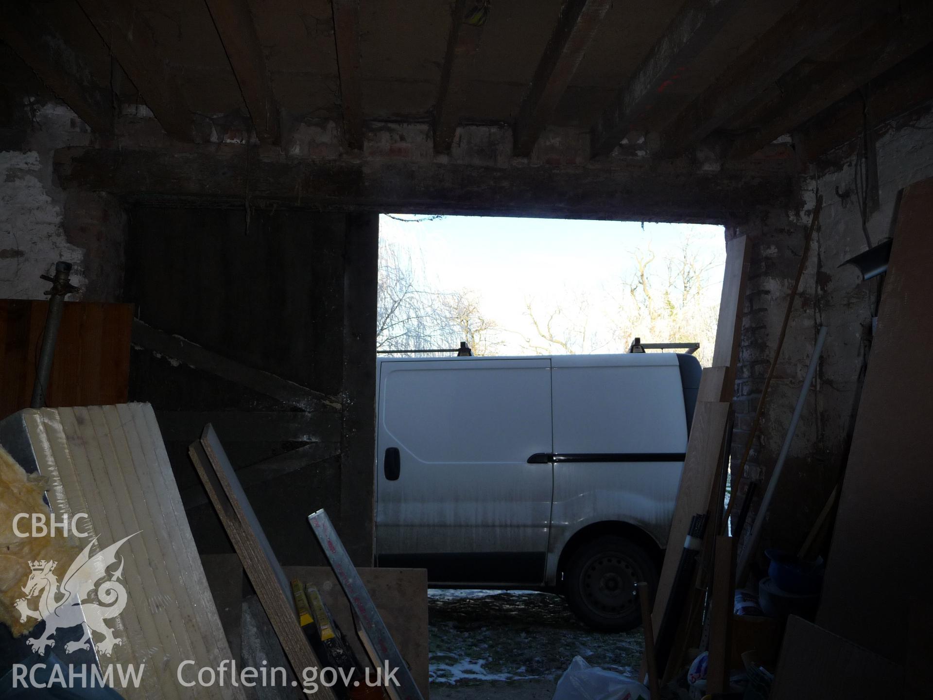 Digital photograph showing view of interior of barn at Marchwiel Old Hall