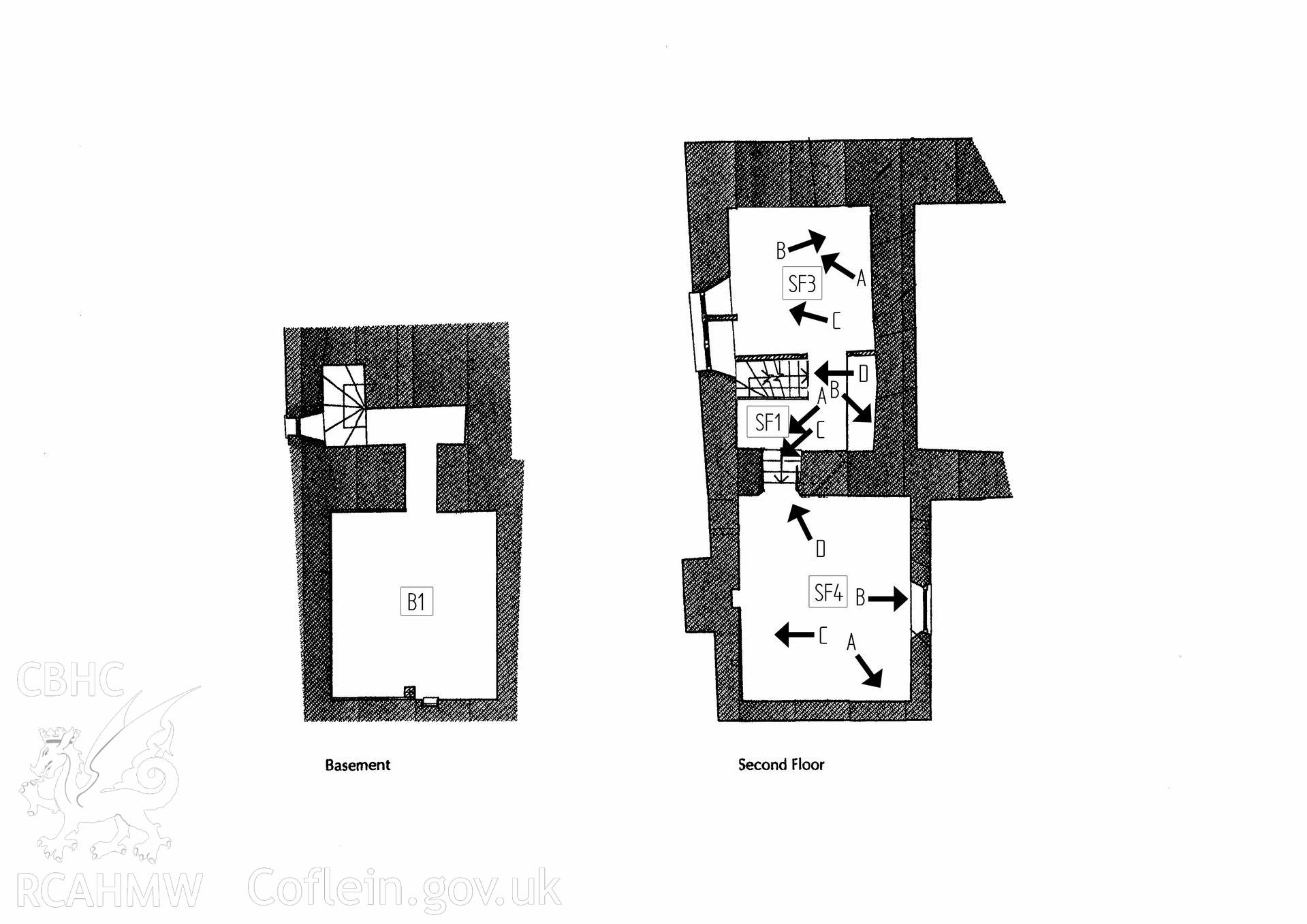 Plan showing basement and second floor (including key for photographs).