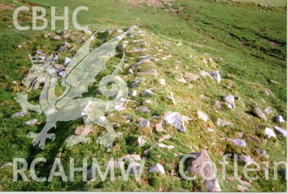 Digital colour photograph showing site 1715m (Garth Hill), looking east. Detail of wall at platform end showing facing - used in the Glamorgan-Gwent Archaeological Trust Report on the deserted rural settlements of Glamorgan.