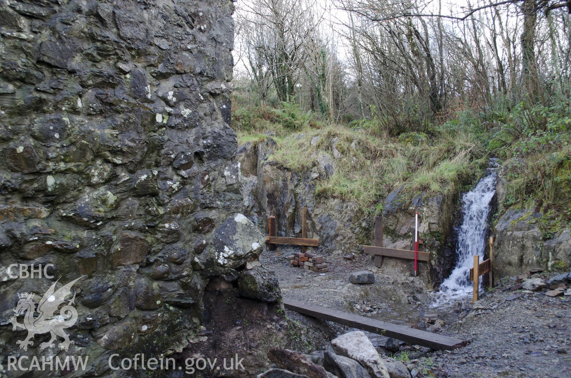 View from east showing mill stream, taken by Jessica Davidson, Gwynedd Archaeological Trust, 8th Jan 2016.