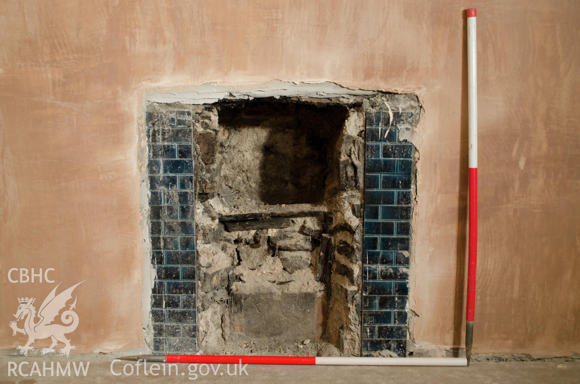 View from the north. "Close-up of fire place in southern wall.