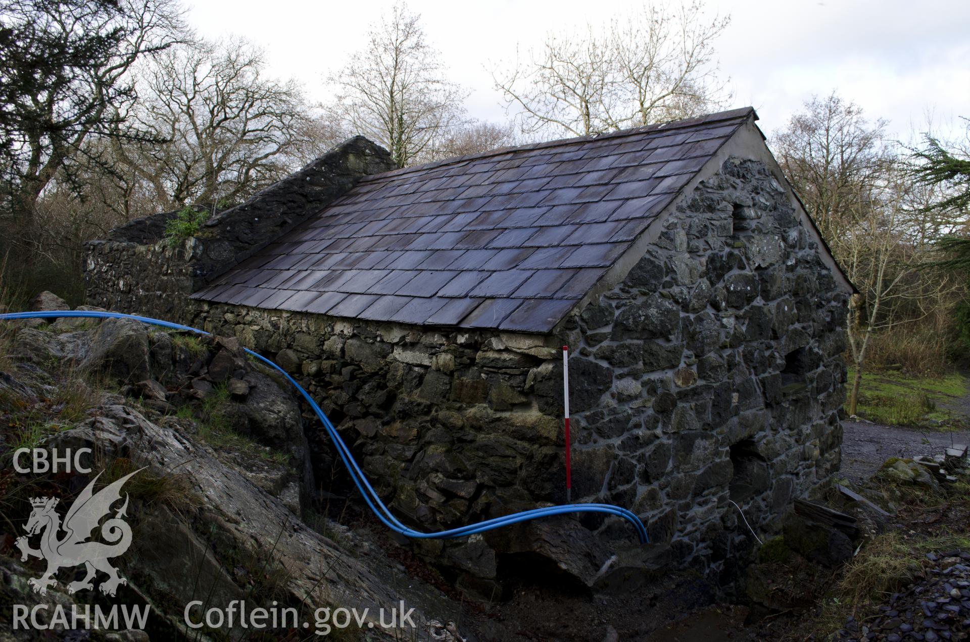 View from east showing north-east gable, taken by Jessica Davidson, Gwynedd Archaeological Trust, 8th Jan 2016.