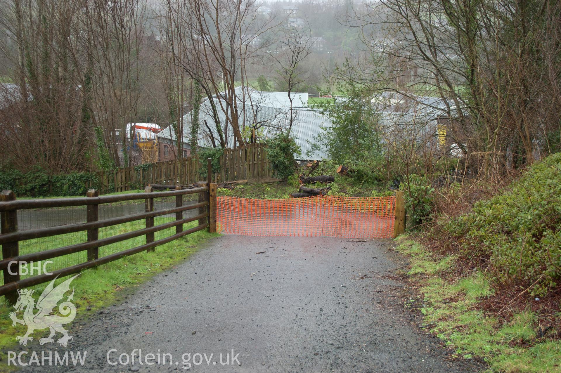 Marian Mawr archaeological assessment; section E, view from S showing view looking north through council works area, taken by Robert Evans of Gwynedd Archaeological Trust, 5th February 2016.