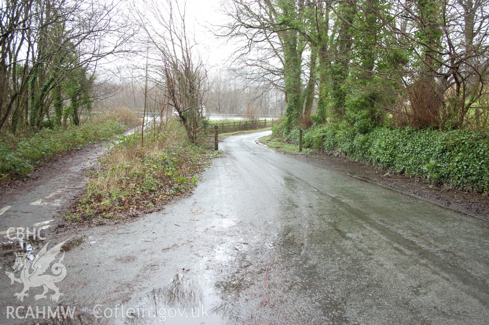 Marian Mawr archaeological assessment; section M-J,  from SE, view of pipeline route in small access road,  taken by Robert Evans of Gwynedd Archaeological Trust, 5th February 2016.