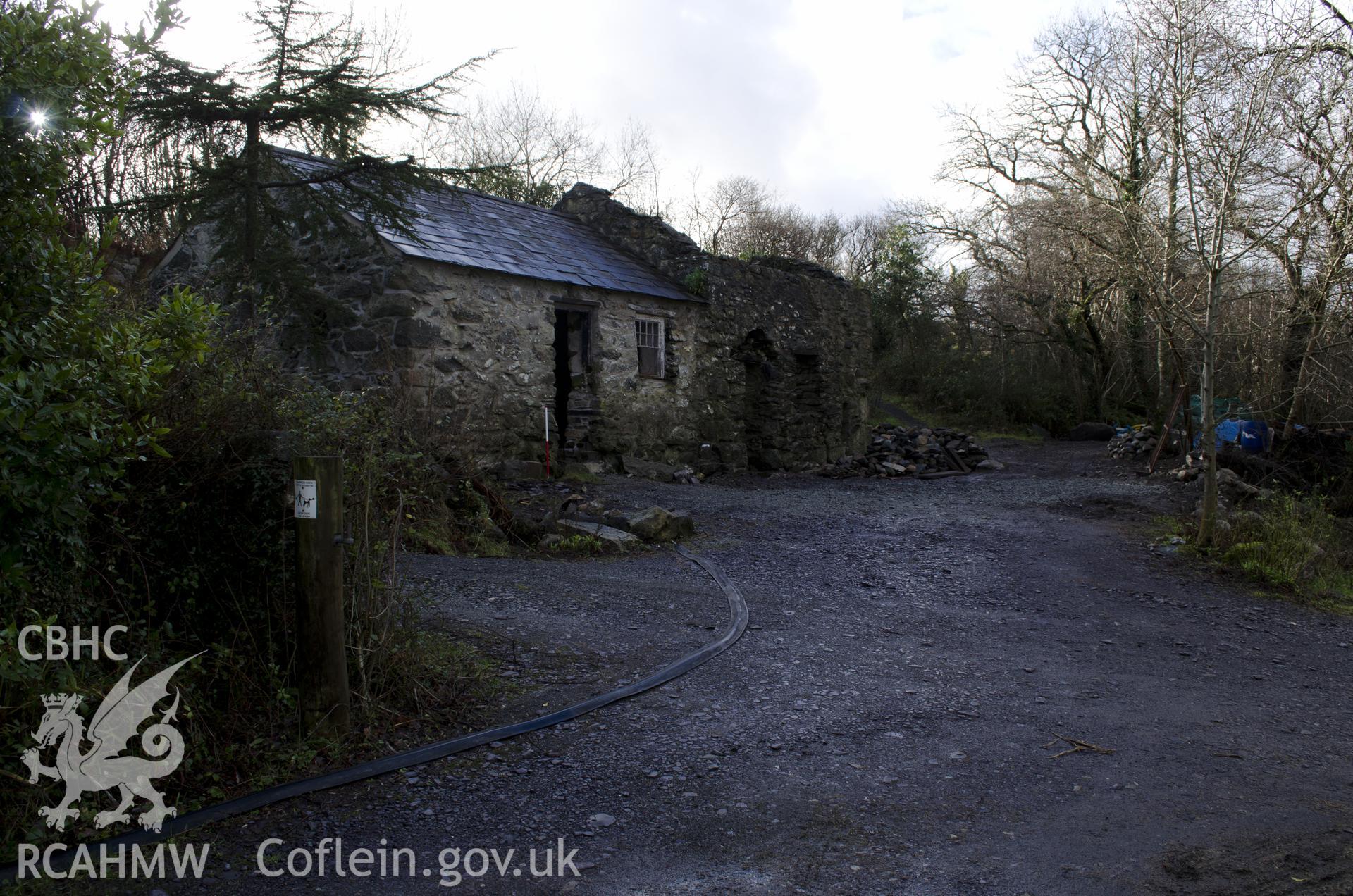 View from west showing general view of mill builiding, taken by Jessica Davidson, Gwynedd Archaeological Trust, 8th Jan 2016.