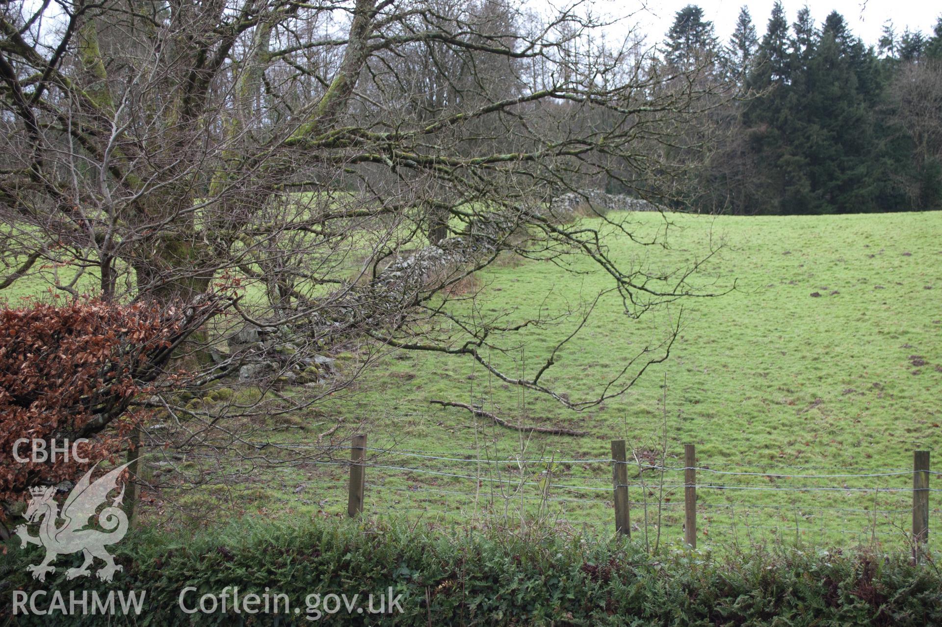 Marian Mawr archaeological assessment; section B-C, view from NNE showing drystone wall [Feature 2],  taken by Robert Evans of Gwynedd Archaeological Trust, 5th February 2016.