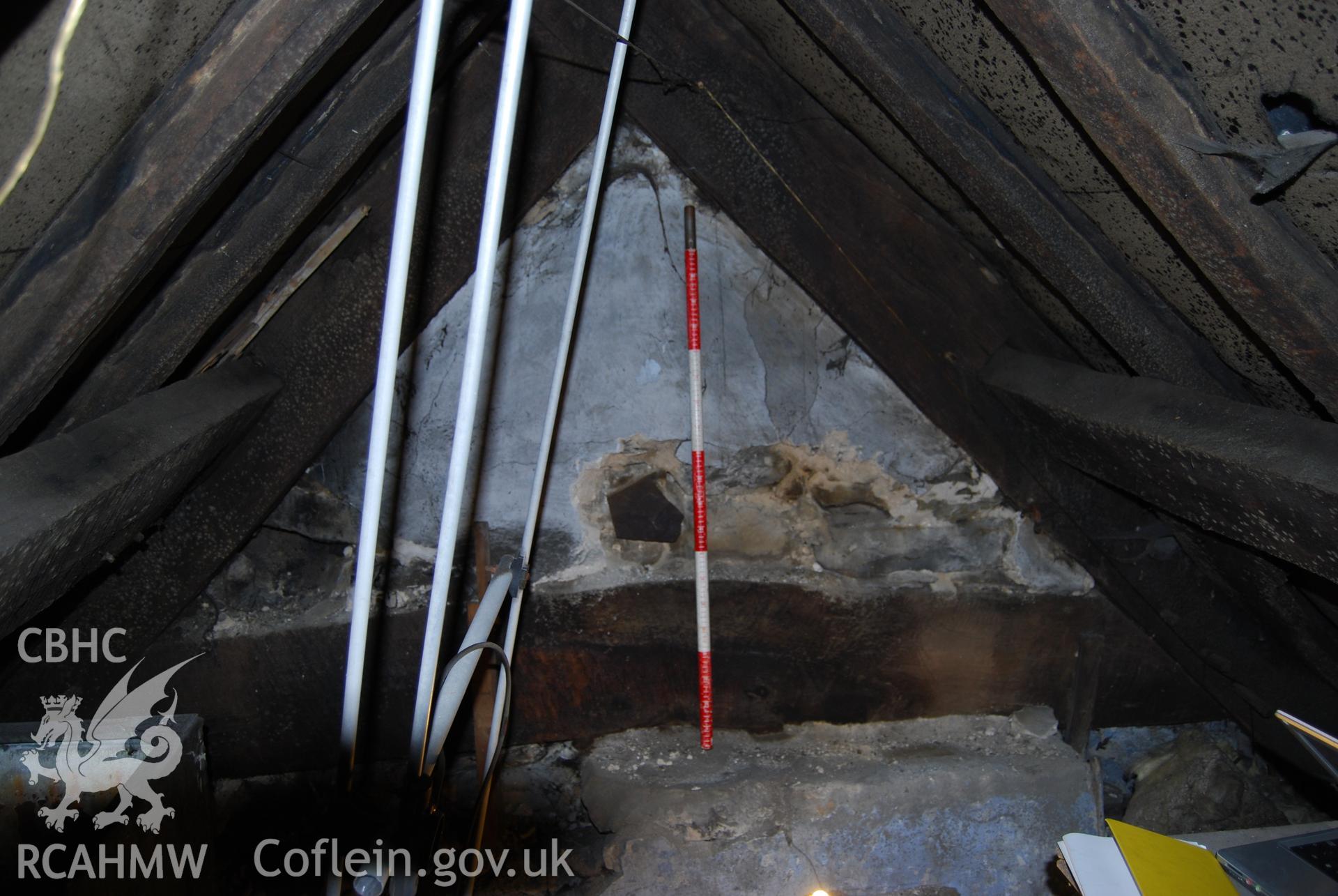 Colour digital photograph showing roof truss number one at Ty Eiddew, Harlech. The photograph was taken as part of the North West Wales Dendrochronology Project.