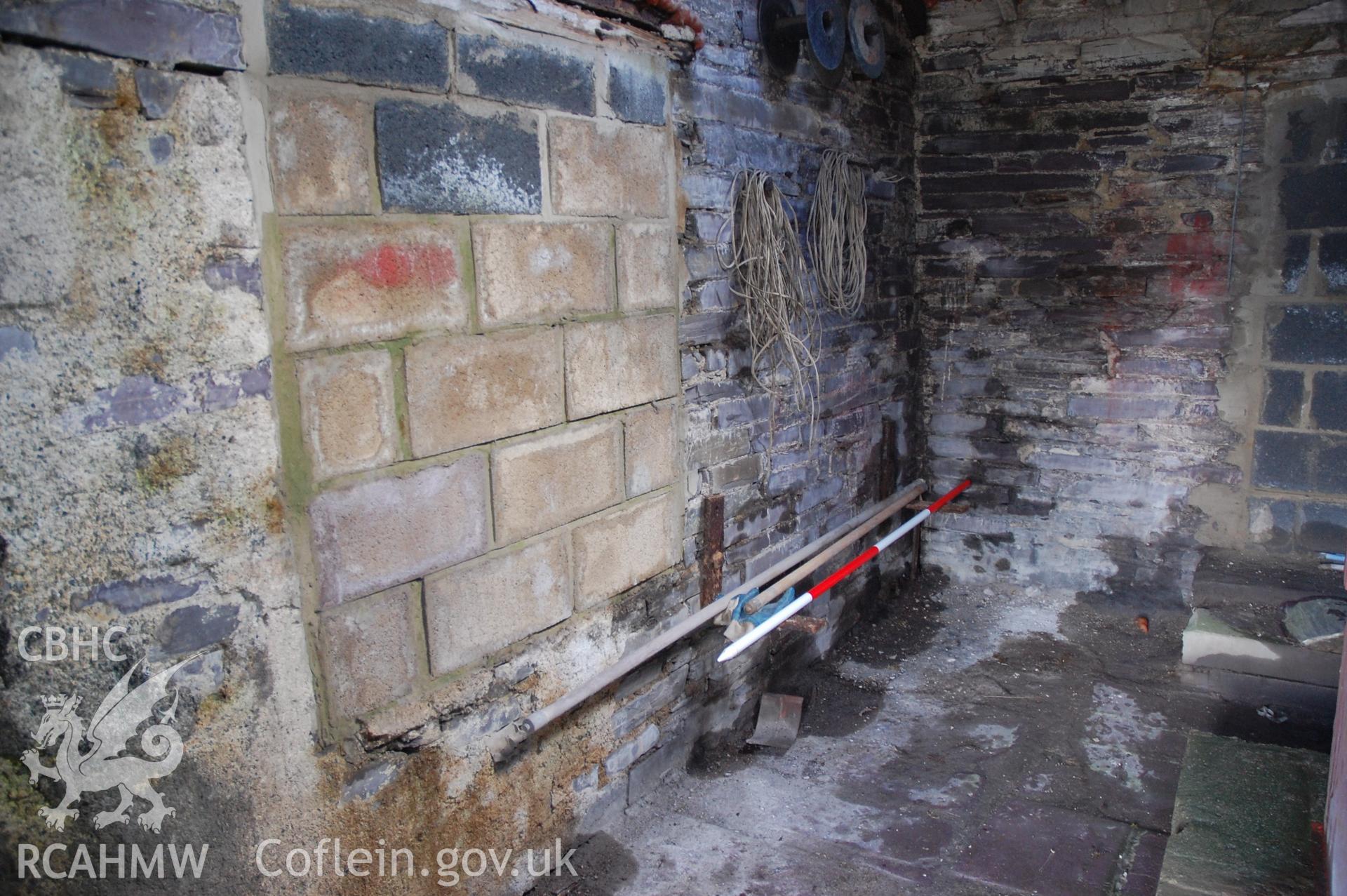 Colour digital photograph showing a South West interior view of a building in Pen Yr Orsedd Quarry.