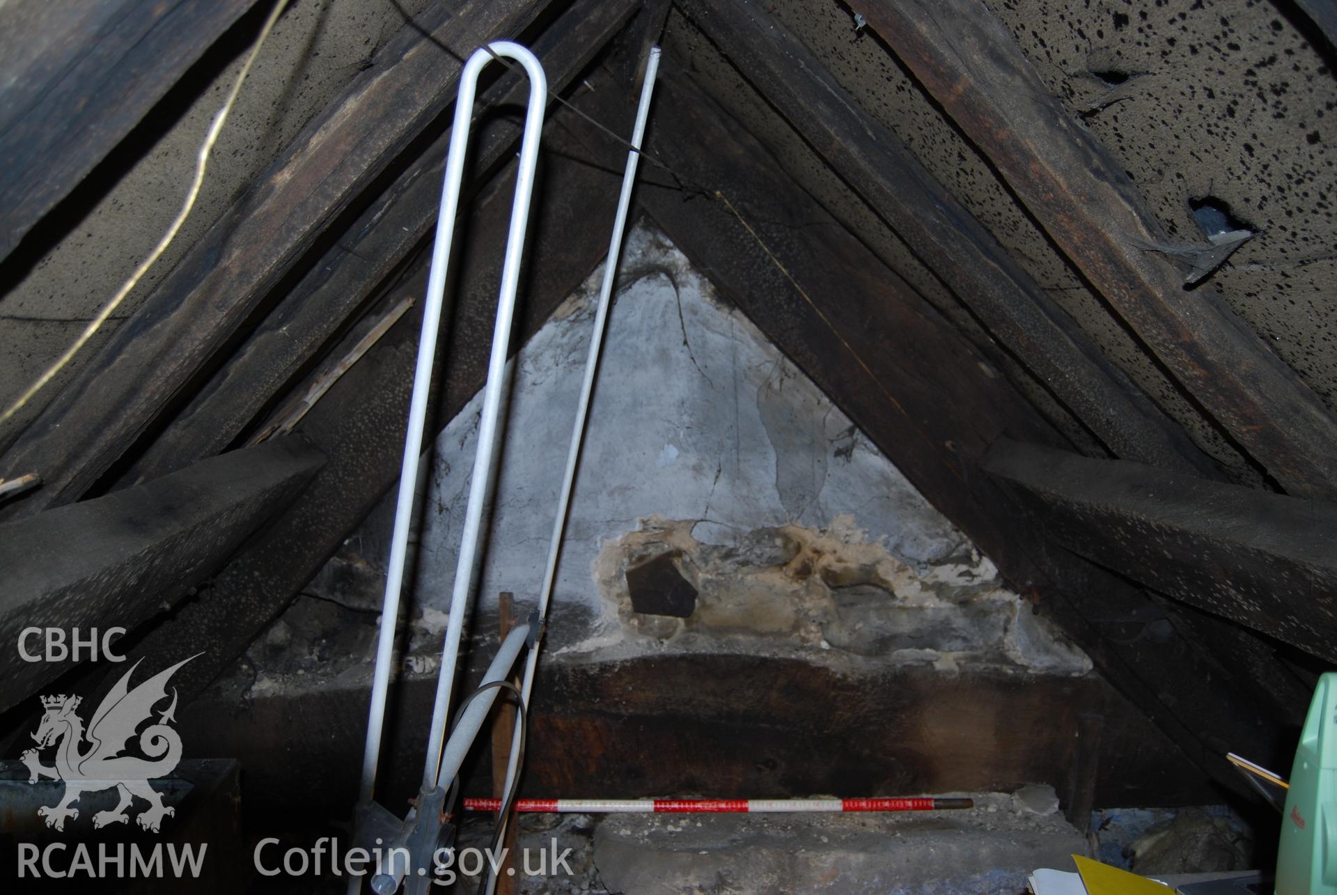 Colour digital photograph showing roof truss number one at Ty Eiddew, Harlech. The photograph was taken as part of the North West Wales Dendrochronology Project.