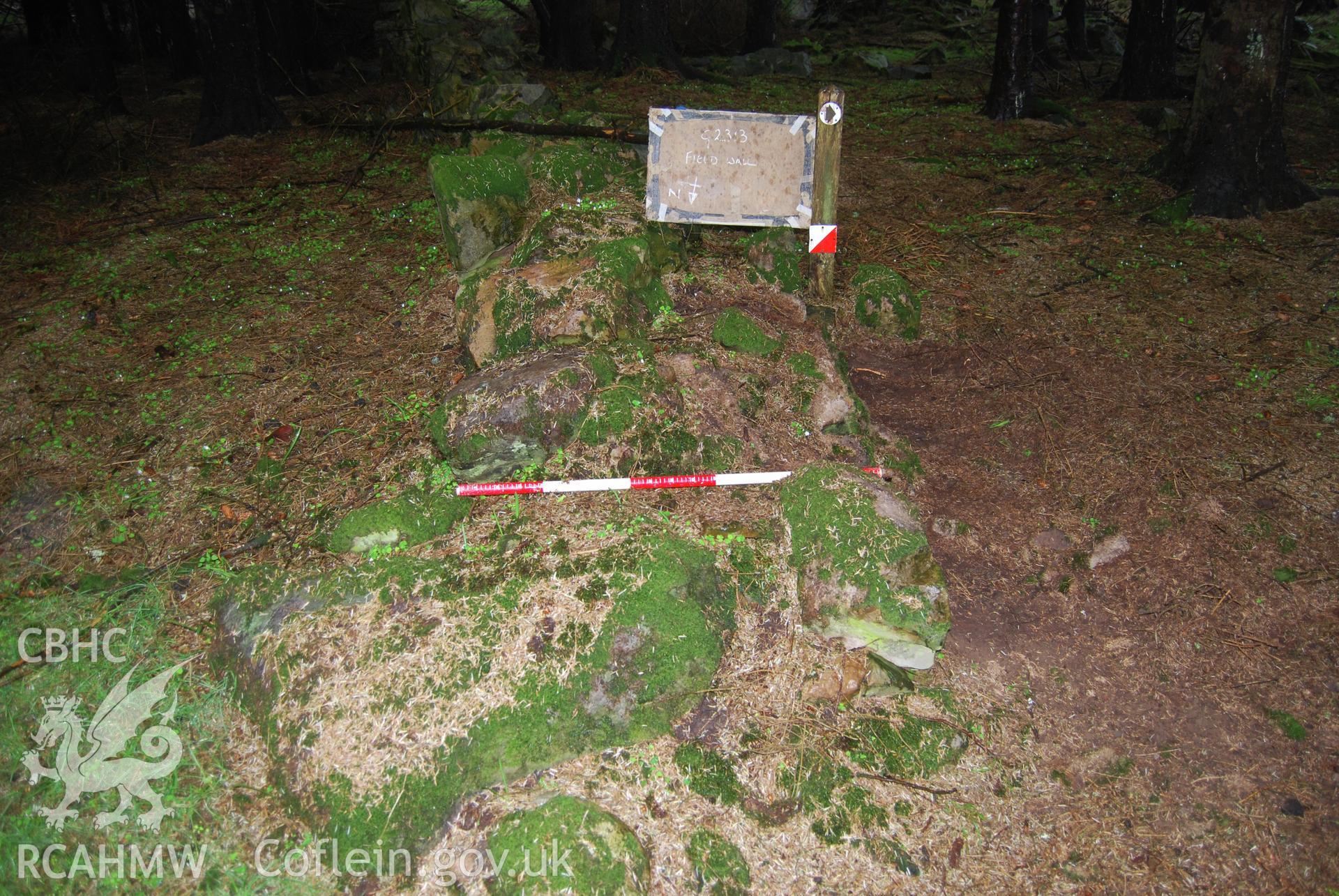 Photo showing 'Pre-ex shot of section of field boundary wall to be removed' from Archaeological Watching Brief of Nant Gwrtheyrn Lower Car Park, Nant Gwrtheyrn, Gwynedd produced by Gwynedd Archaeological Trust in 2013, Project No. G2313, Report No.1208.