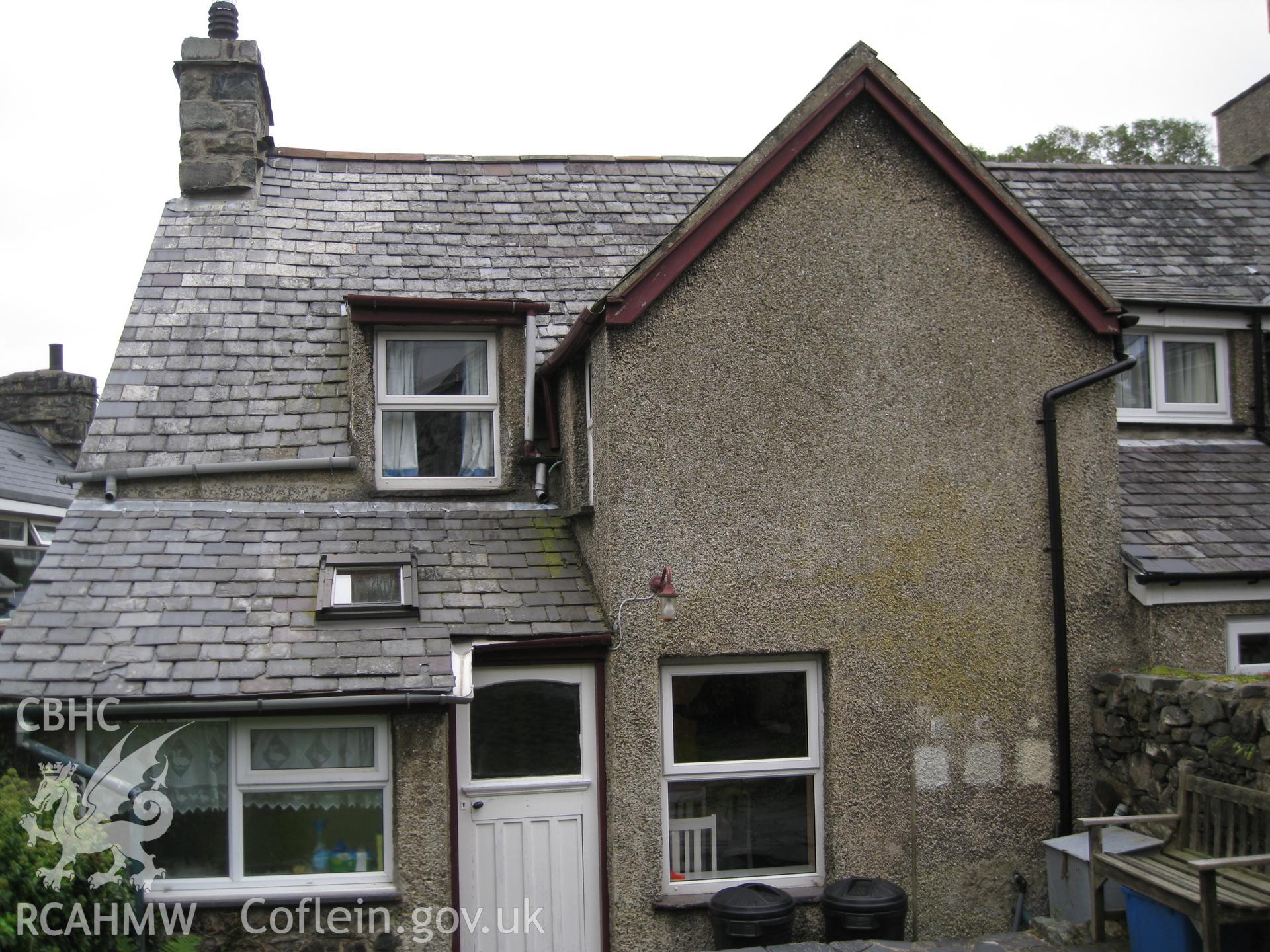 Colour digital photograph showing the rear exterior of number two Ivy Cottage; Ty Eiddew, Harlech. The photograph was taken as part of the North West Wales Dendrochronology Project.