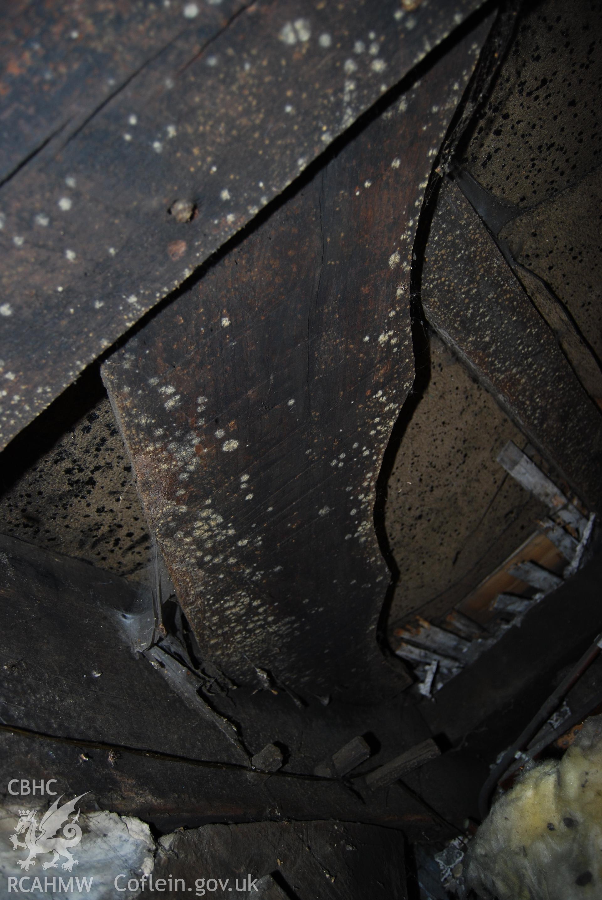 Colour digital photograph showing a windbrace attached to the East side of roof truss number one at Ty Eiddew, Harlech. The photograph was taken as part of the North West Wales Dendrochronology Project.