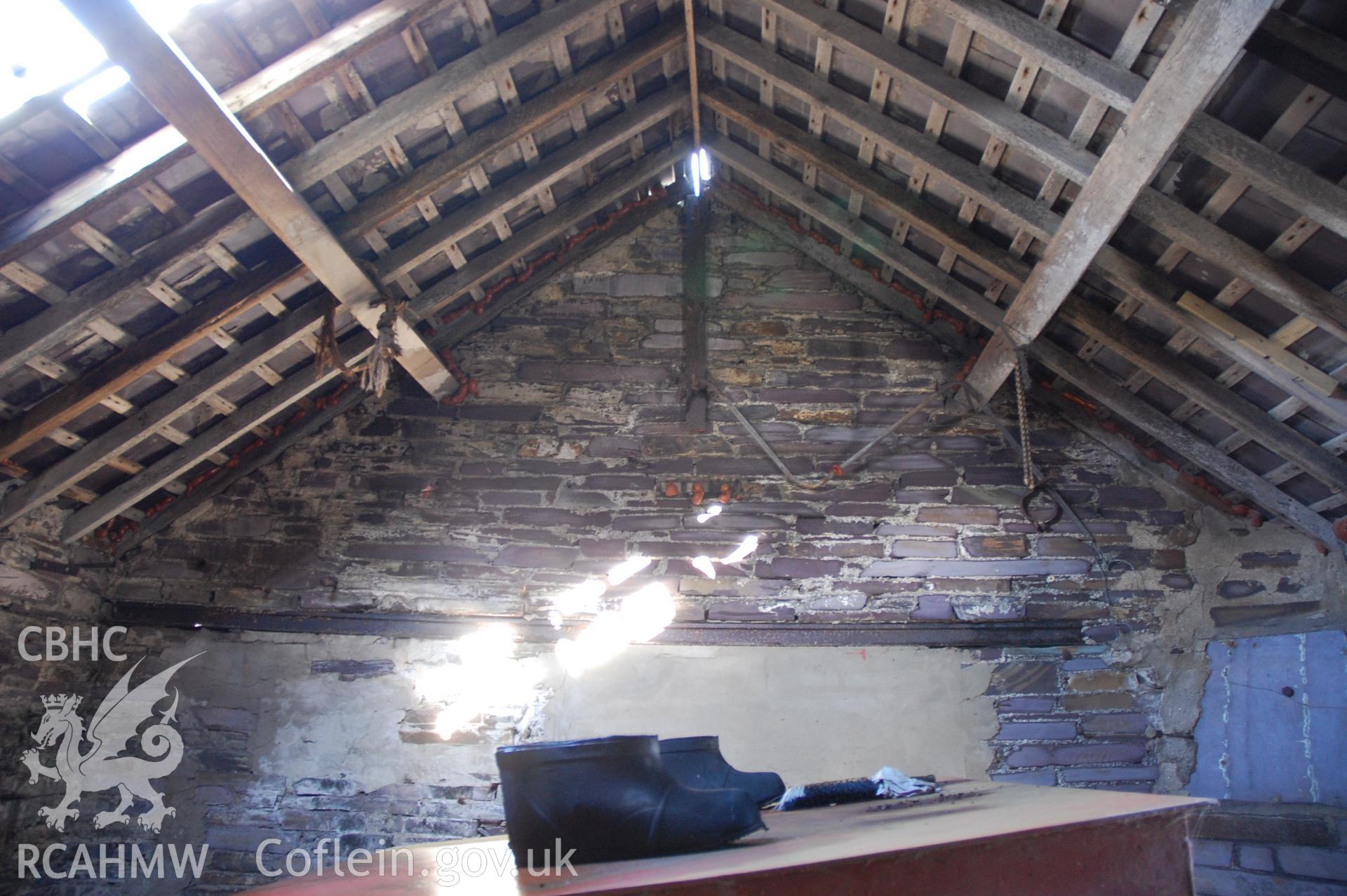 Colour digital photograph of a South East external elevation, showing a blocked window in a building at Pen Yr Orsedd Quarry.