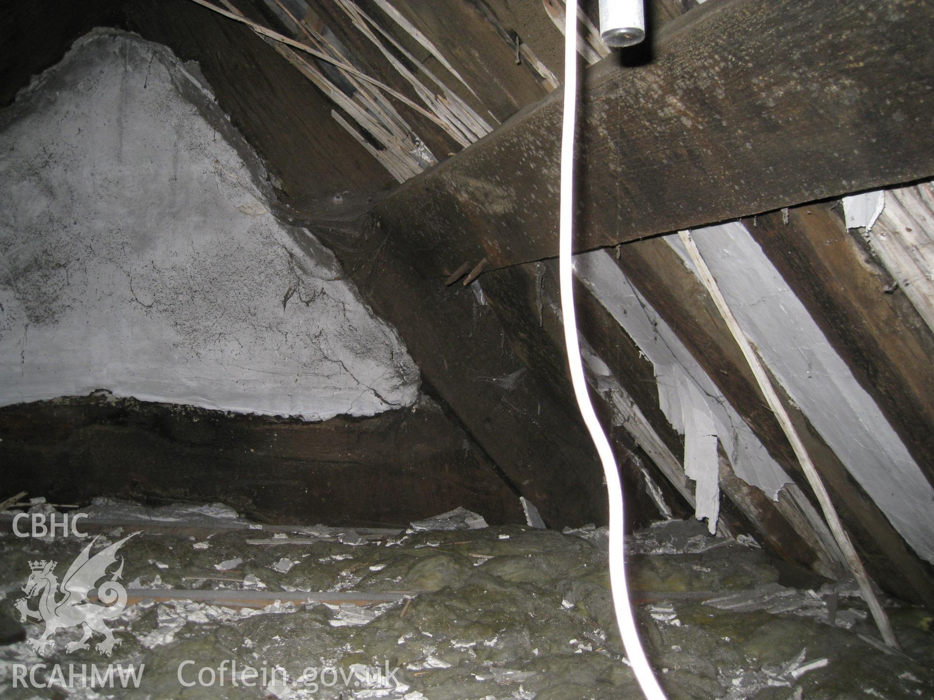 Colour digital photograph showing purlins attached to the East of roof truss two and three at Ty Eiddew, Harlech. The photograph was taken as part of the North West Wales Dendrochronology Project.