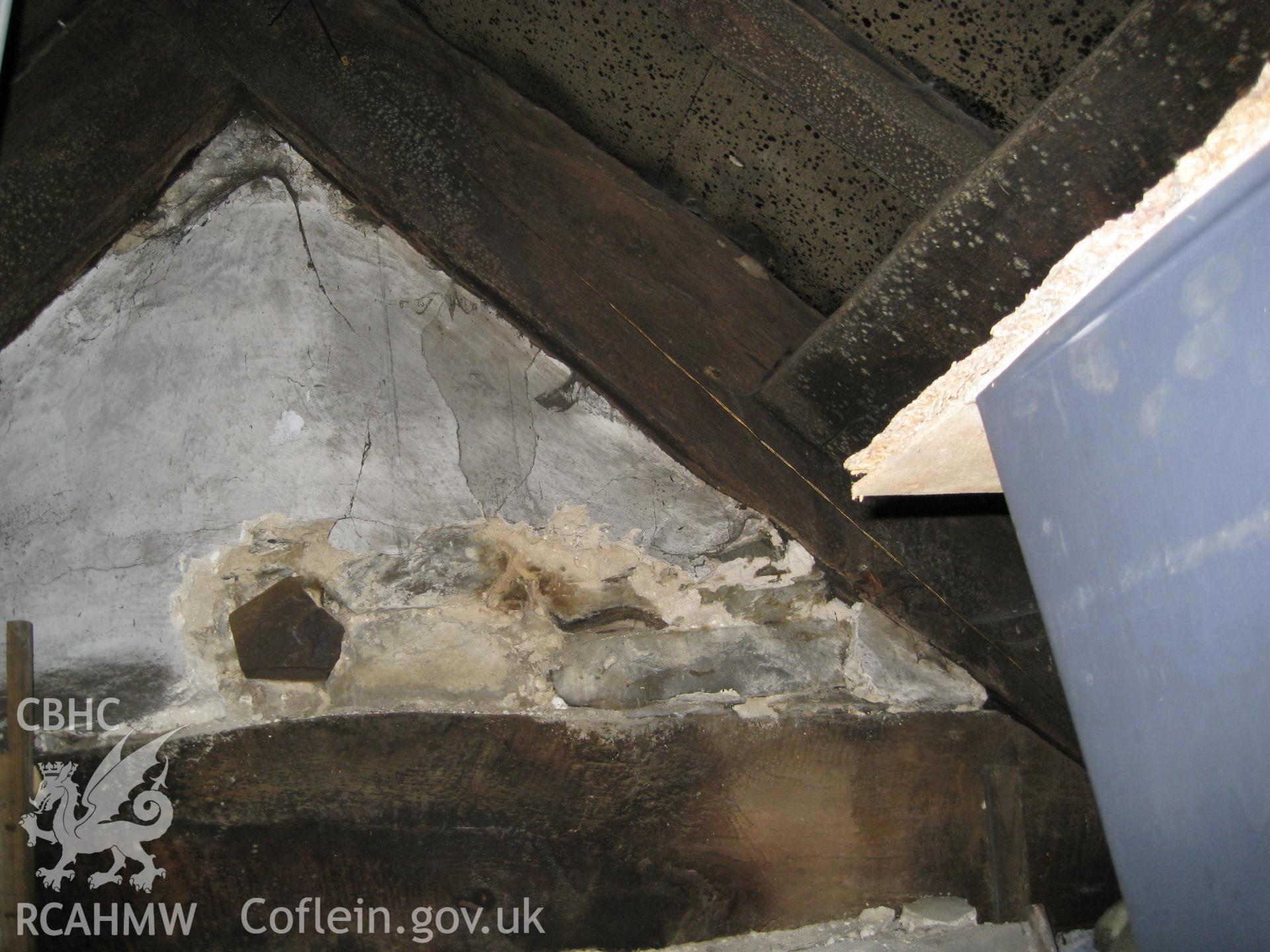 Colour digital photograph showing roof truss number one at Ty Eiddew, Harlech. The photograph was taken as part of the North West Wales Dendrochronology Project.