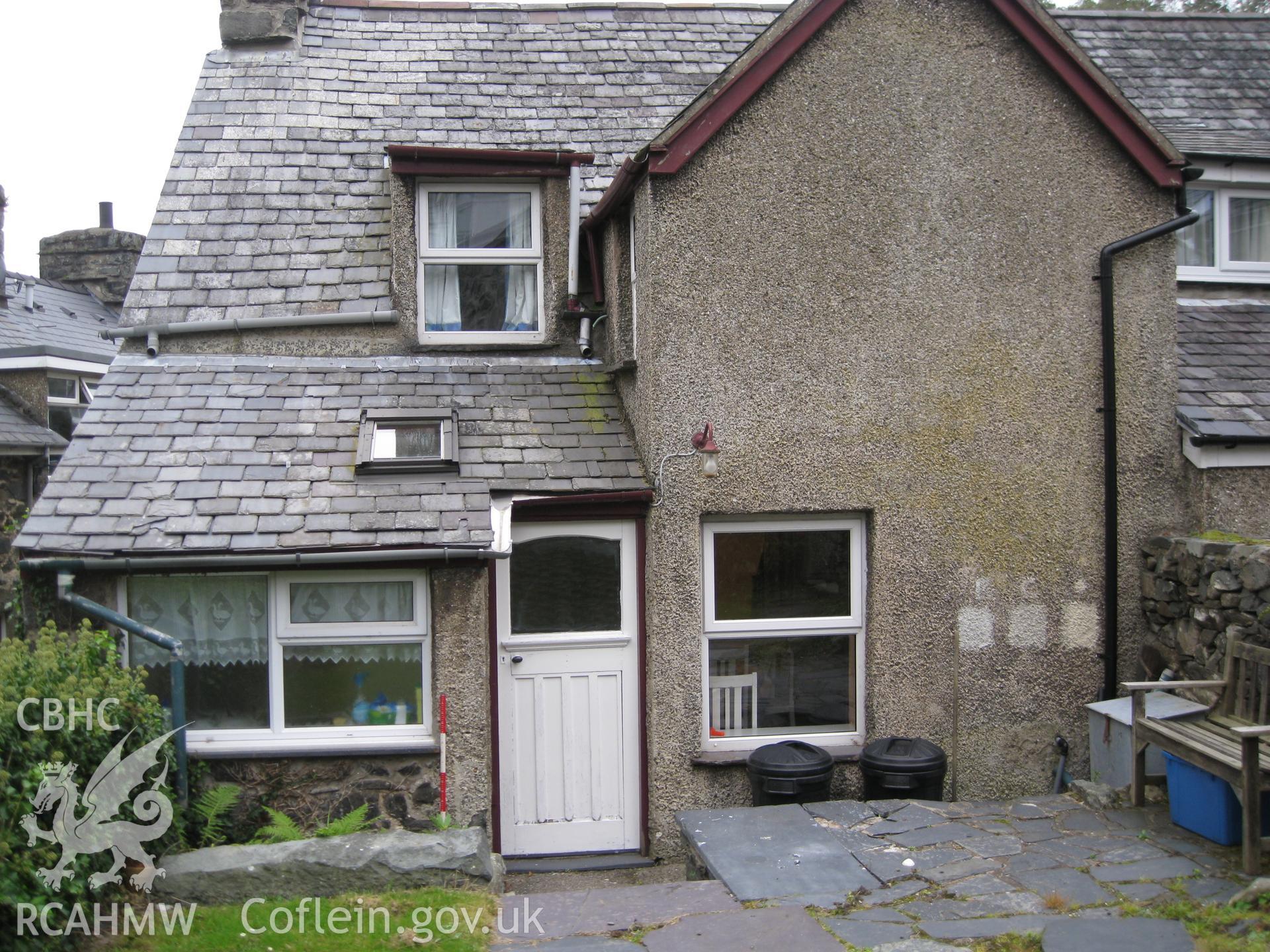 Colour digital photograph showing the rear exterior of number two Ivy Cottage; Ty Eiddew, Harlech. The photograph was taken as part of the North West Wales Dendrochronology Project.