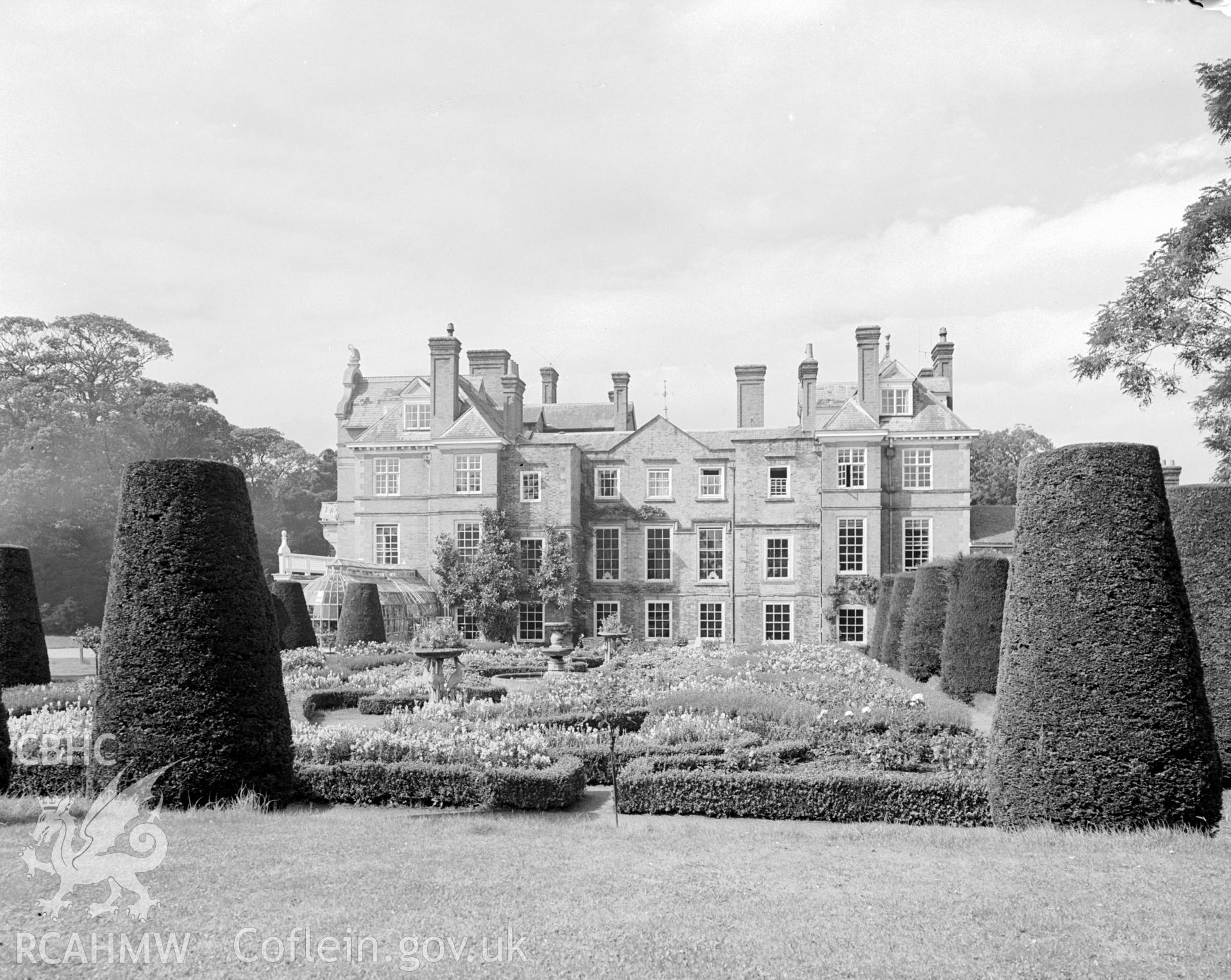 A photograph showing Bodrhyddan Hall and gardens from the south.