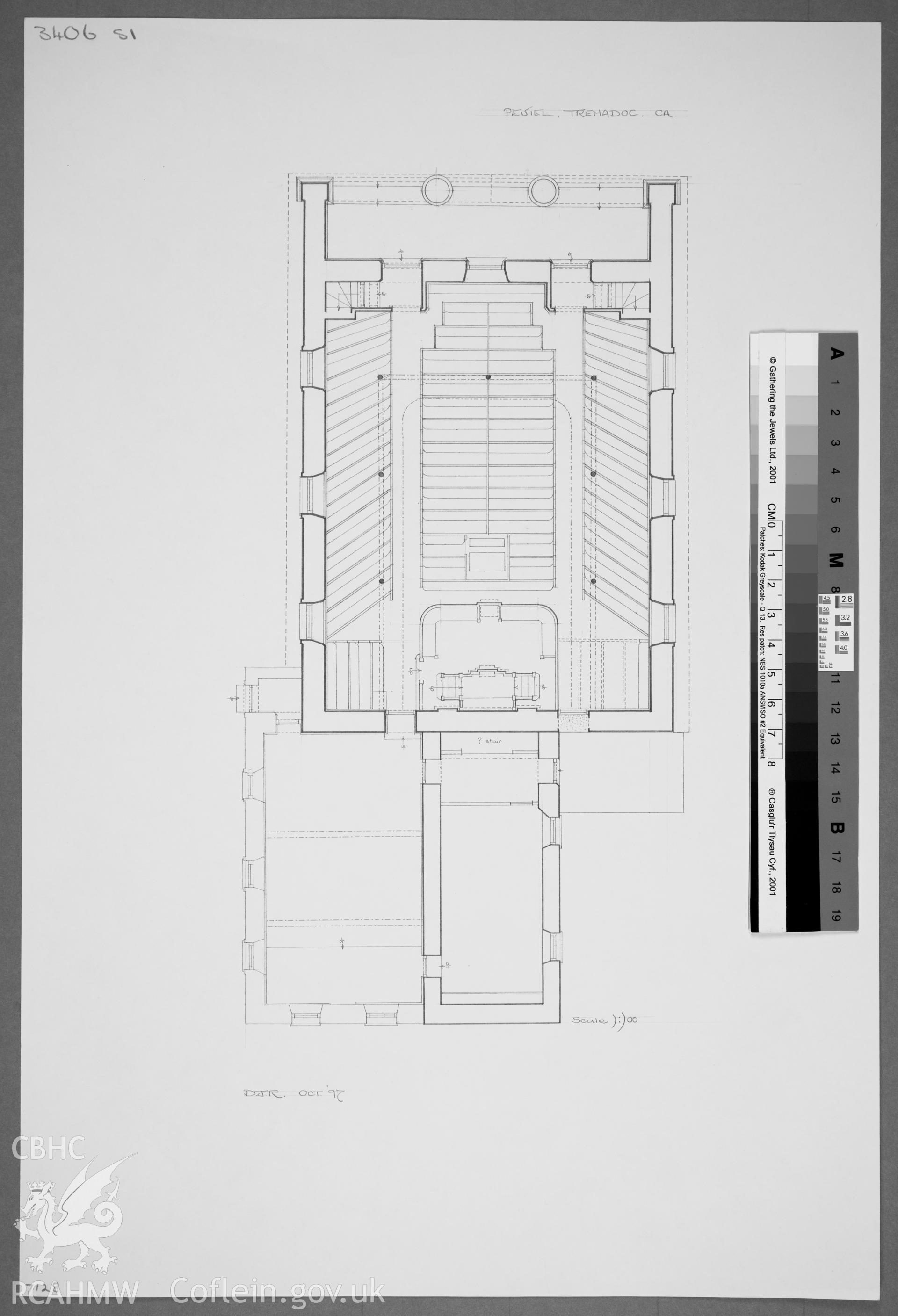 Peniel Chapel, Tremadog; Measured drawing showing plan of chapel, surveyed and drawn by Dylan Roberts dated October 1997.
