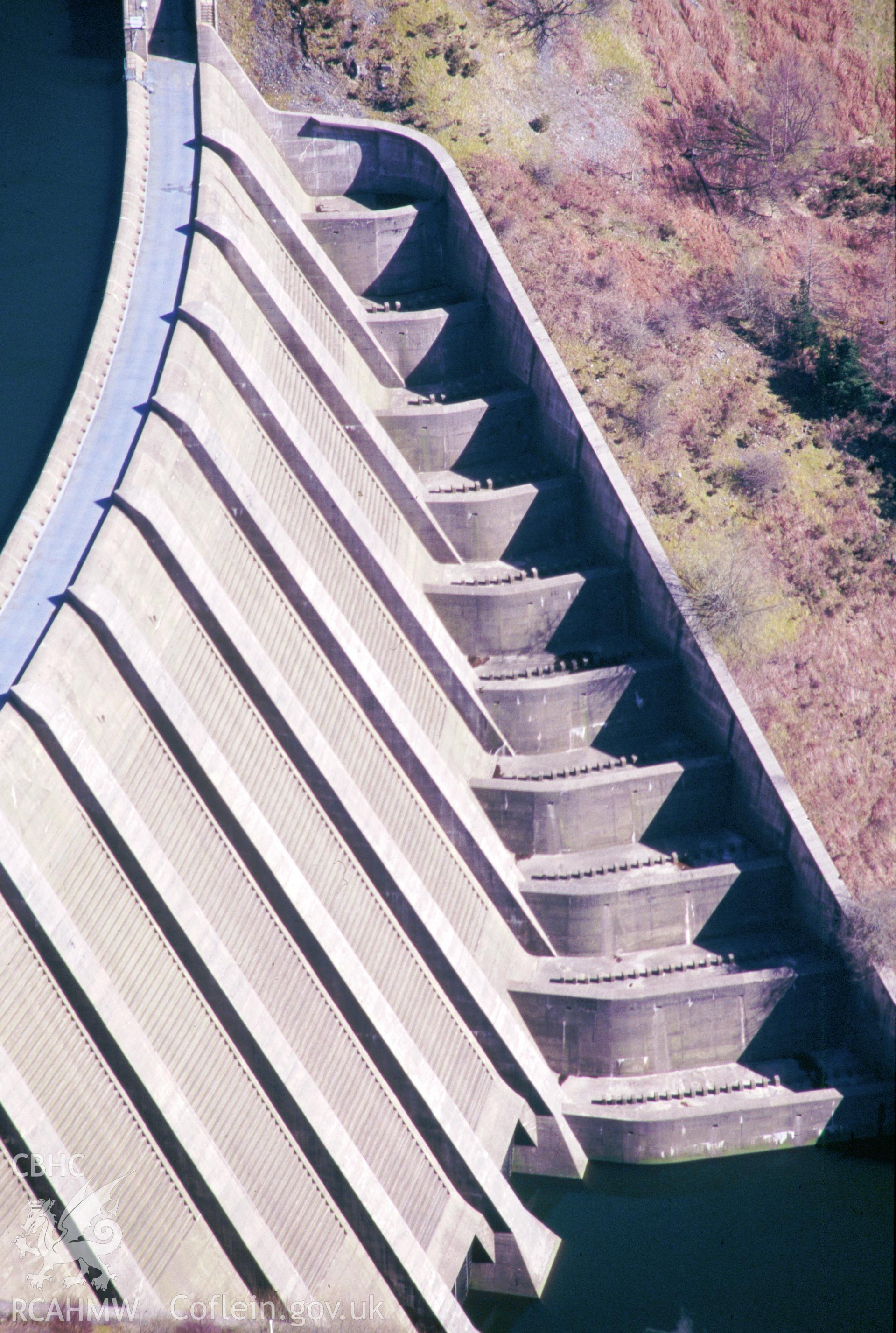 RCAHMW colour oblique aerial photograph of Clywedog Dam taken on 23/03/1995 by C.R. Musson