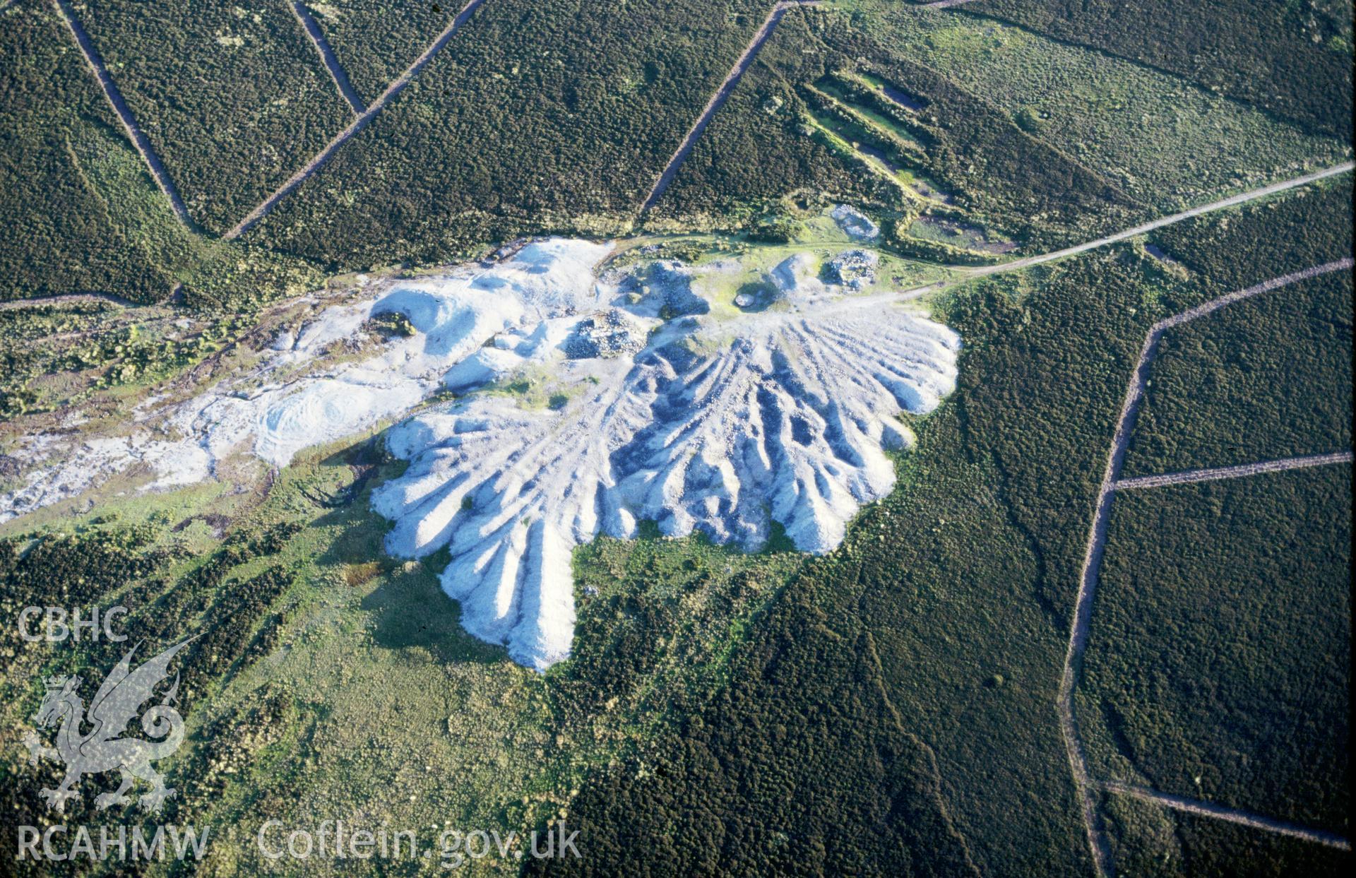 Slide of RCAHMW colour oblique aerial photograph of Esclusham Mountain Lead Mines, taken by C.R. Musson, 27/6/1993.
