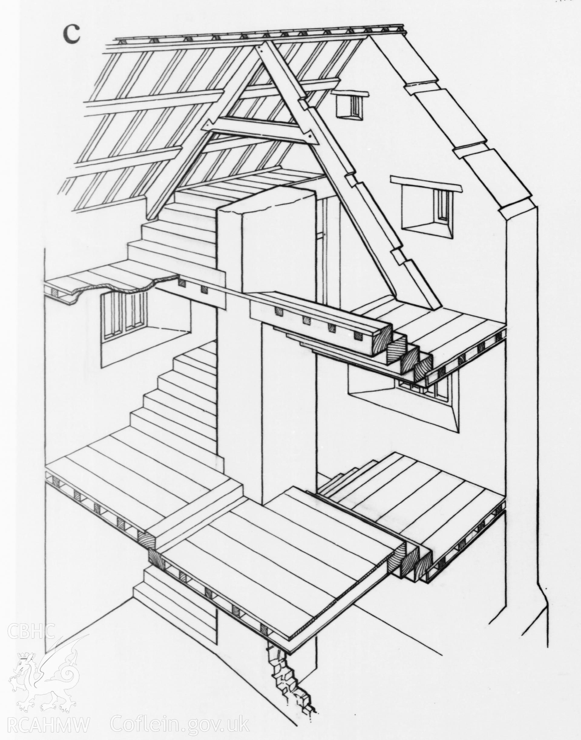 RCAHMW drawing showing section and cutaway sketch of Llanbradach Fawr, Llanfabon, published in Glamorgan IV, fig 42.
