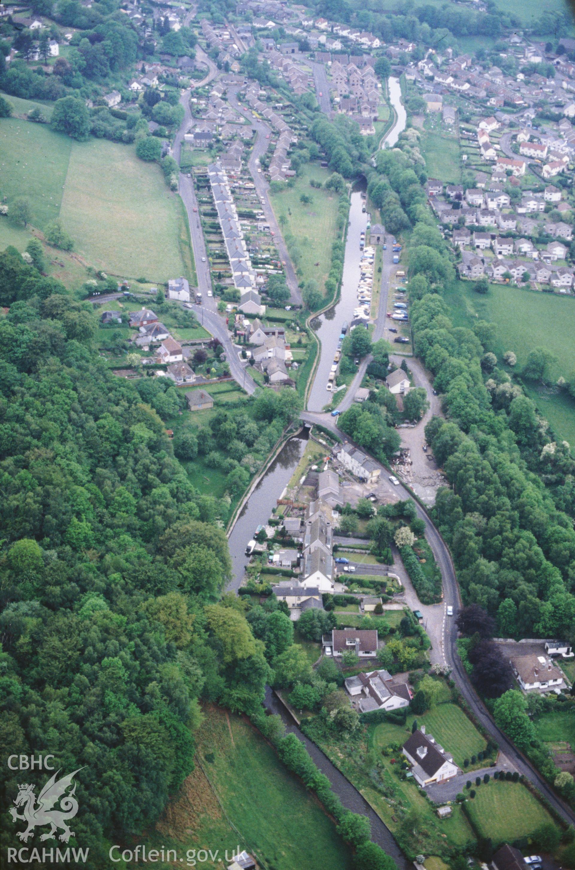 Slide of RCAHMW colour oblique aerial photograph of Govilon Canal Wharf, taken by C.R. Musson, 11/5/1990.