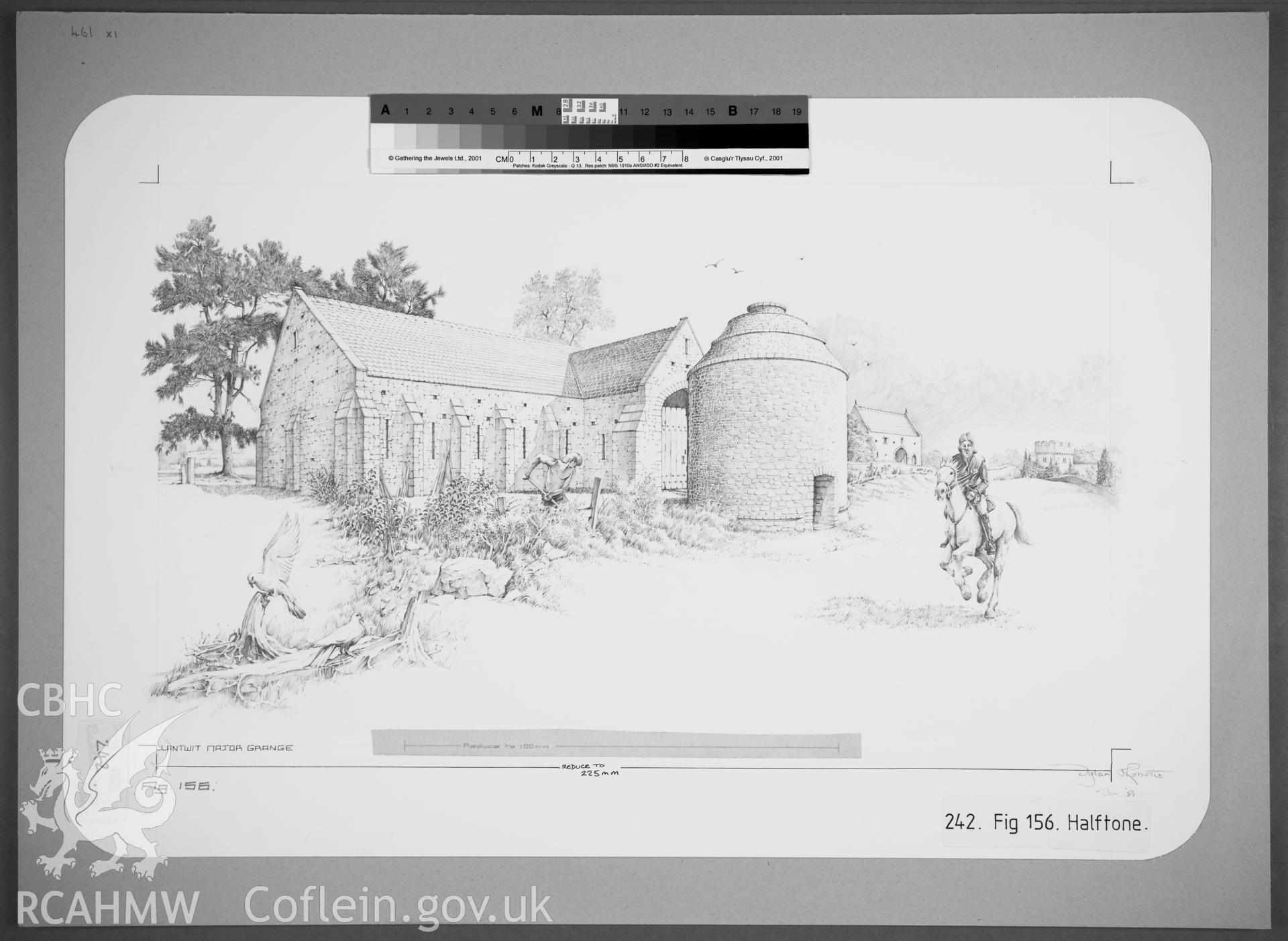RCAHMW drawing showing reconstruction of Llantwit Major Grange, Glamorgan, published in Glamorgan III, ii, fig 156.