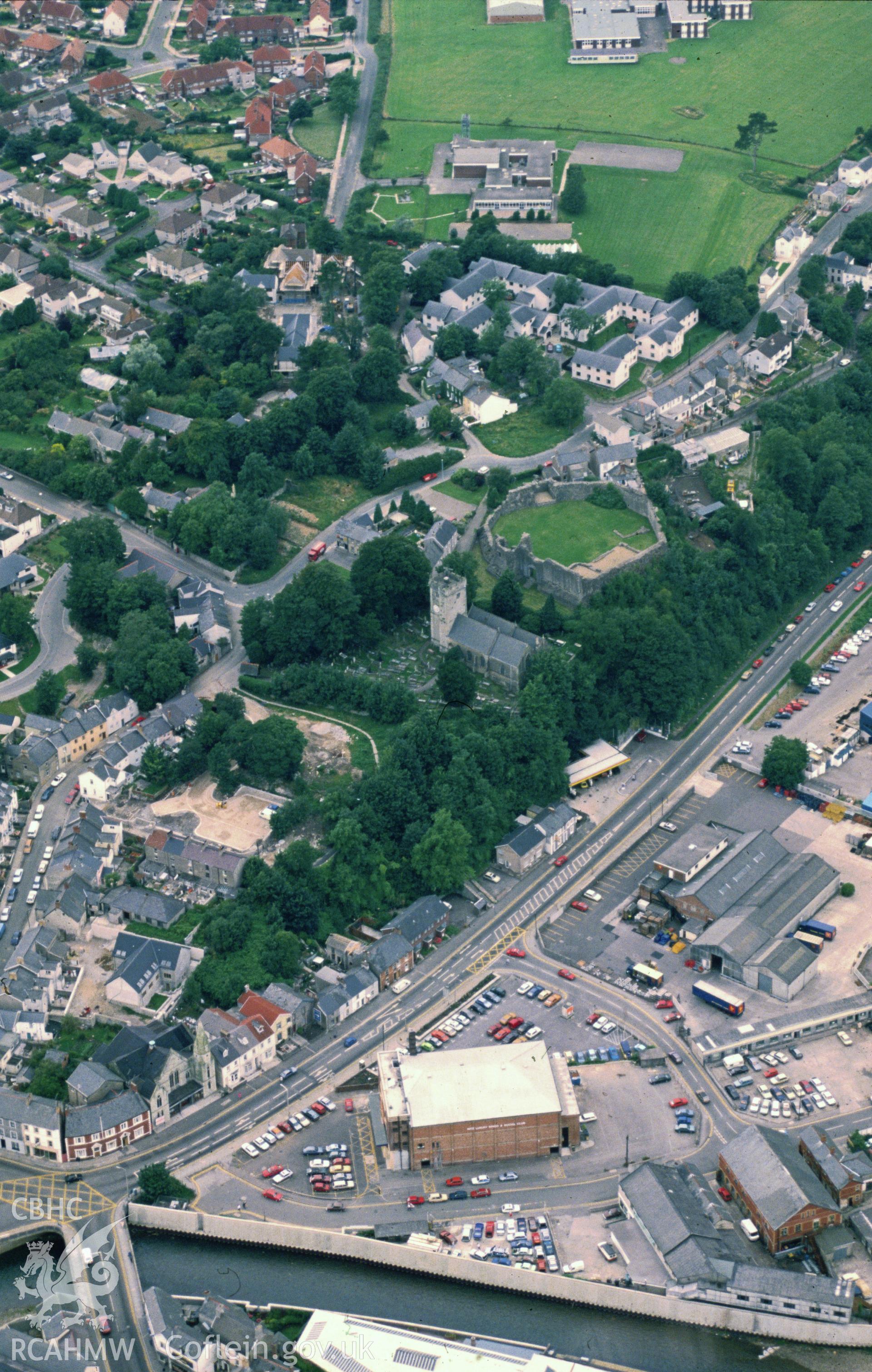 Slide of RCAHMW colour oblique aerial photograph of Newcastle Castle, taken by C.R. Musson, 12/2/1988.