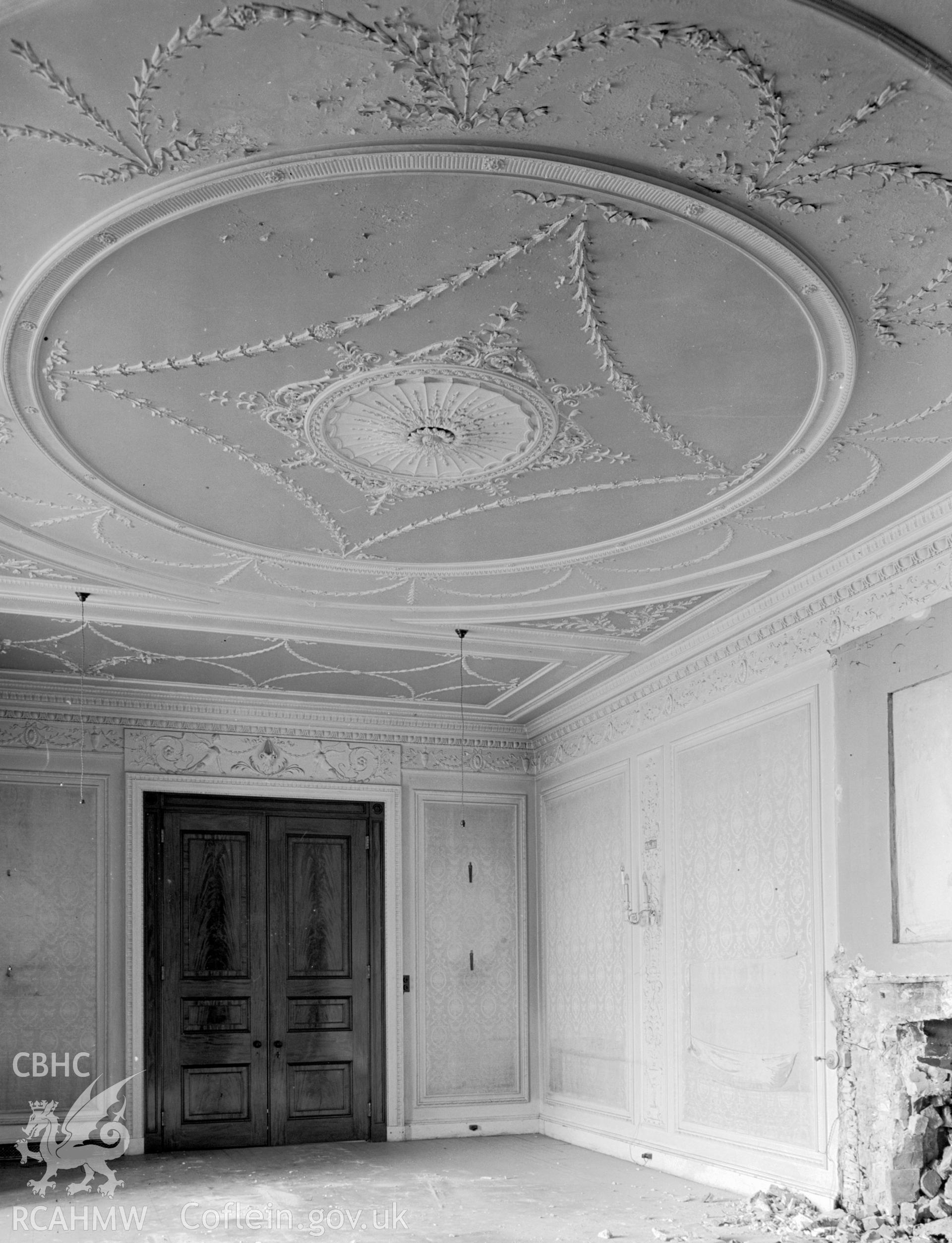 View of an ornate ceiling in the west drawing room.
