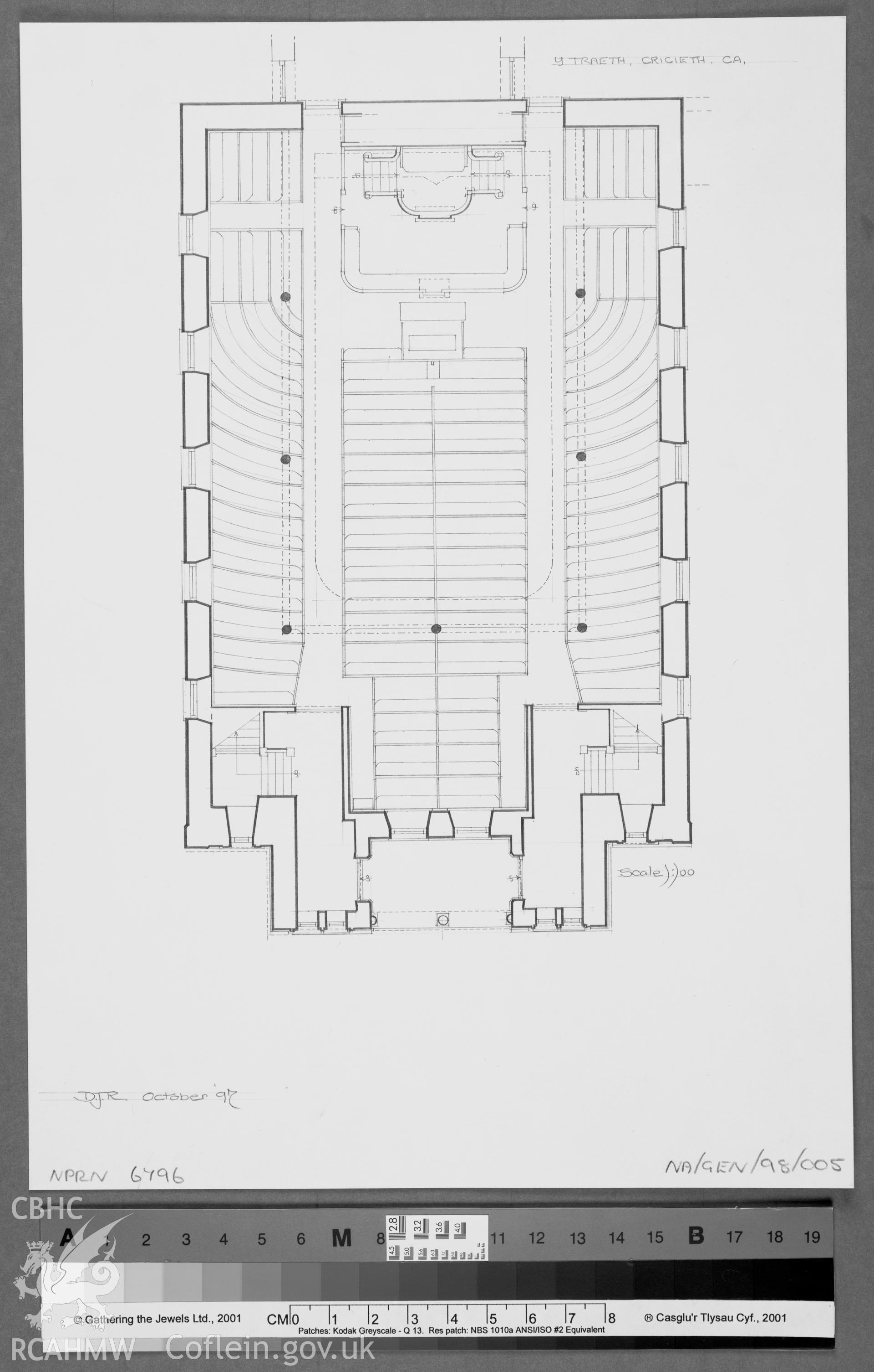 Capel y Traeth, Criccieth;  Measured drawing showing plan of chapel, surveyed and drawn by Dylan Roberts, dated October 1997.