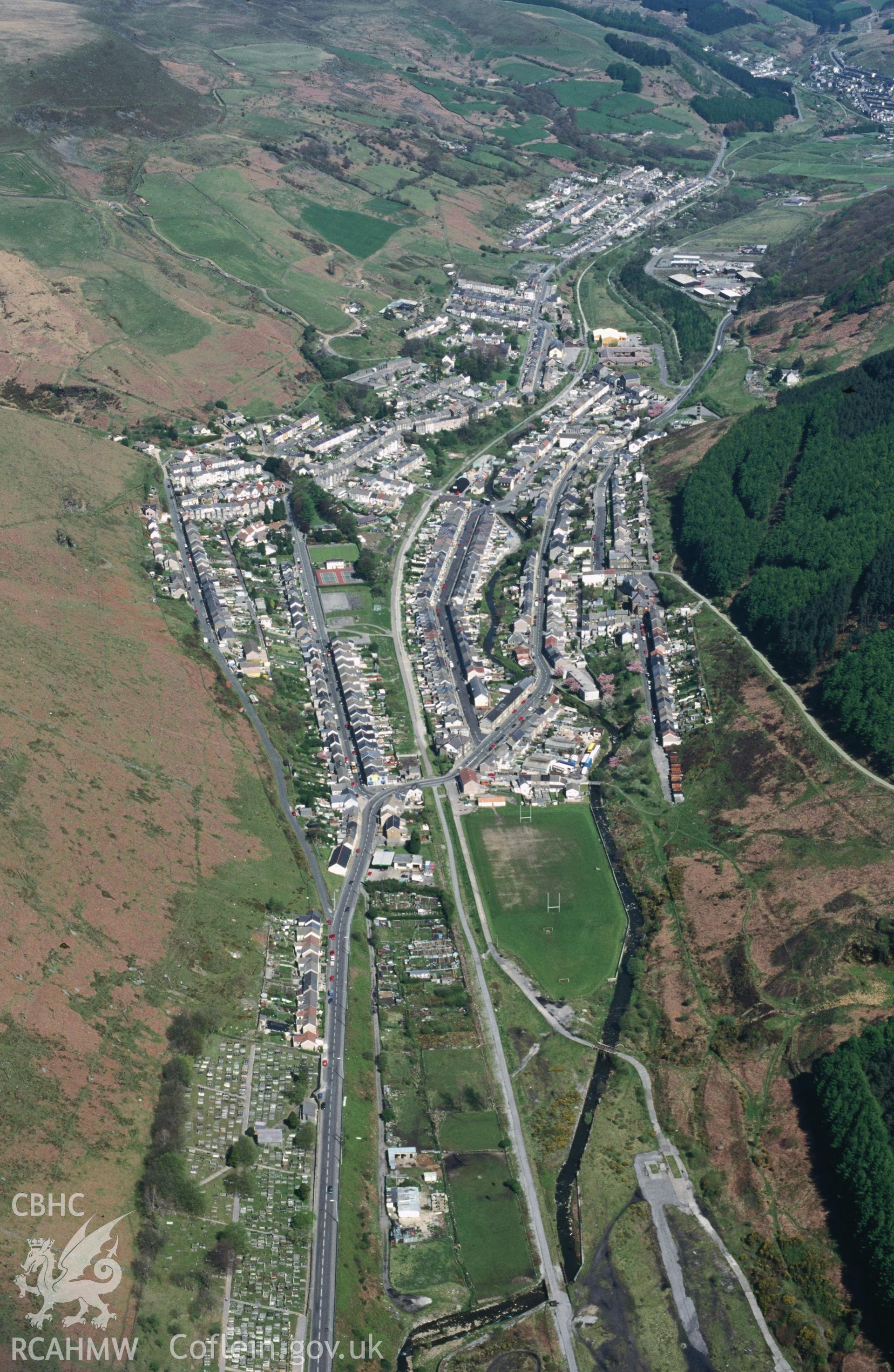 Slide of RCAHMW colour oblique aerial photograph of Ogmore Vale Village, taken by T.G. Driver, 1/5/1998.