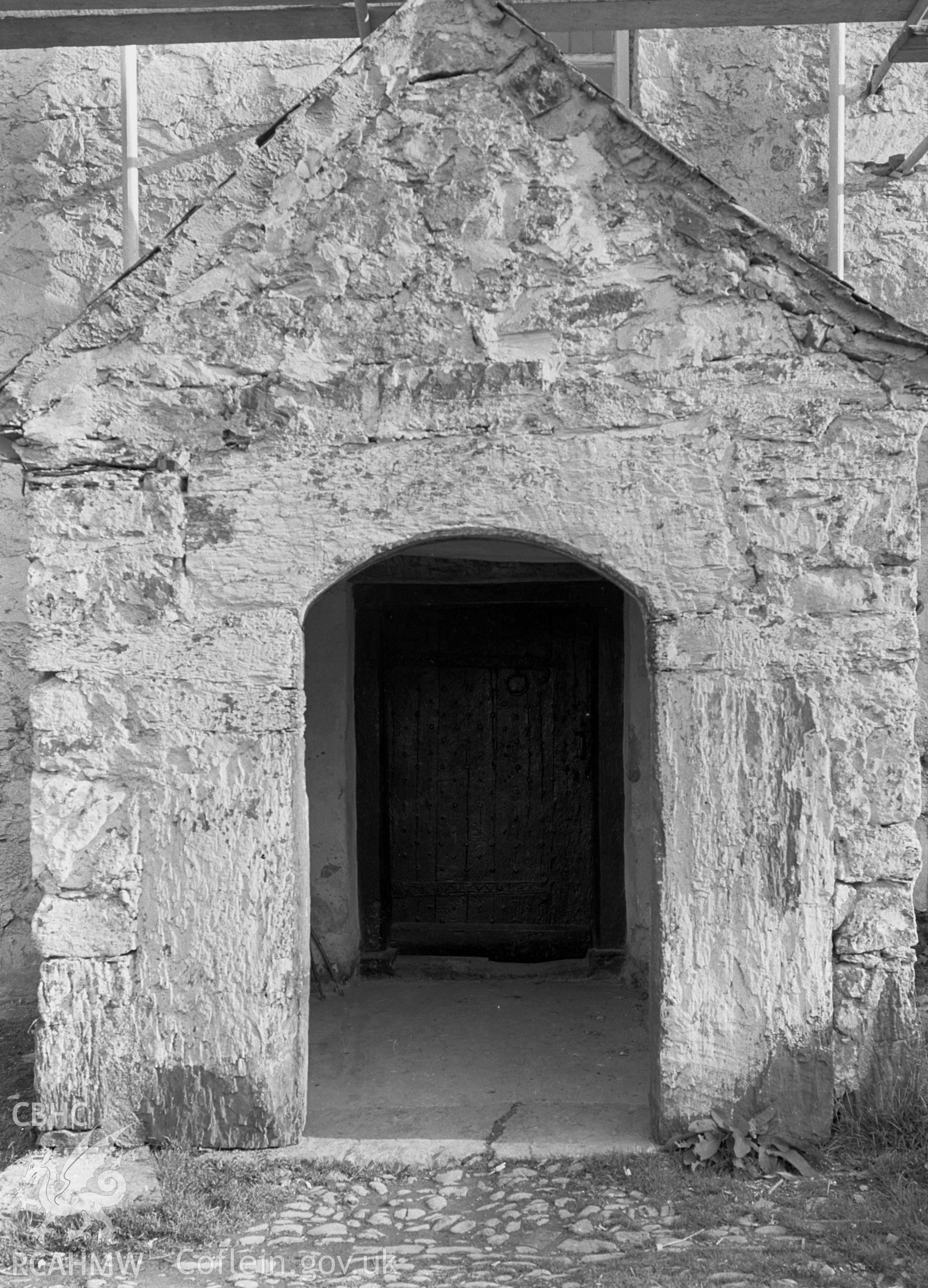 A view of the north porch showing the pitched roof.