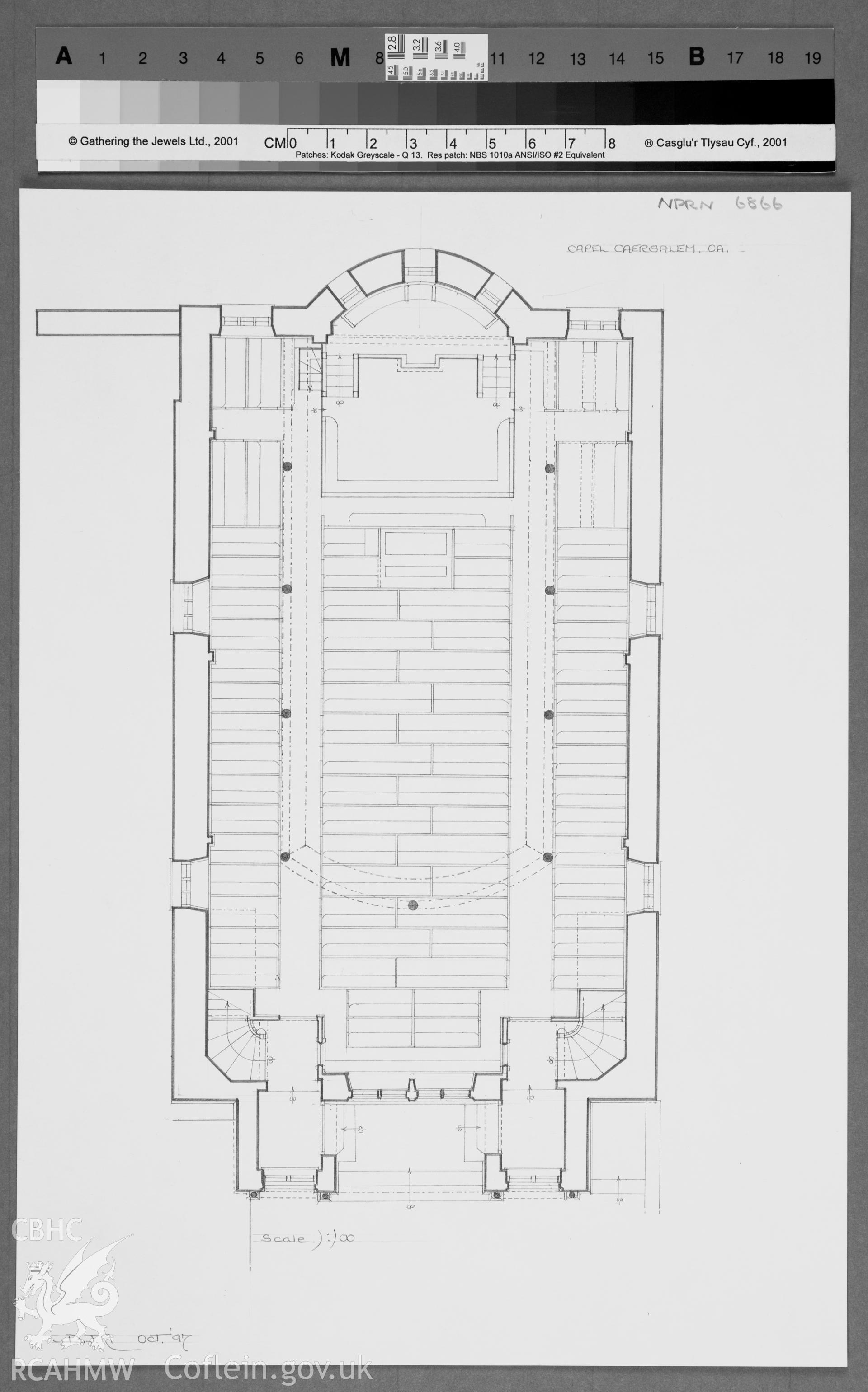 Caersalem Chapel, Llanbeblig: measured drawing by Dylan Roberts dated October 1997, showing plan of chapel.