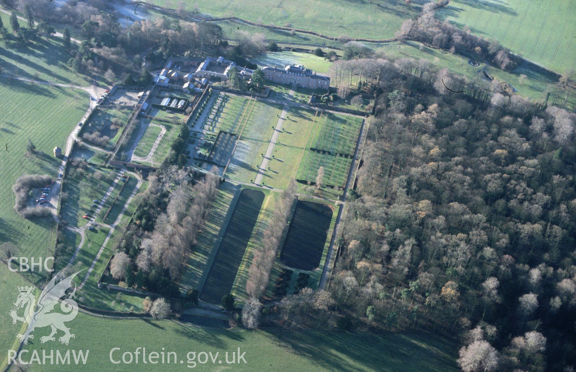 Slide of RCAHMW colour oblique aerial photograph of Erddig Hall;erthig Hall, taken by C.R. Musson, 22/12/1996.