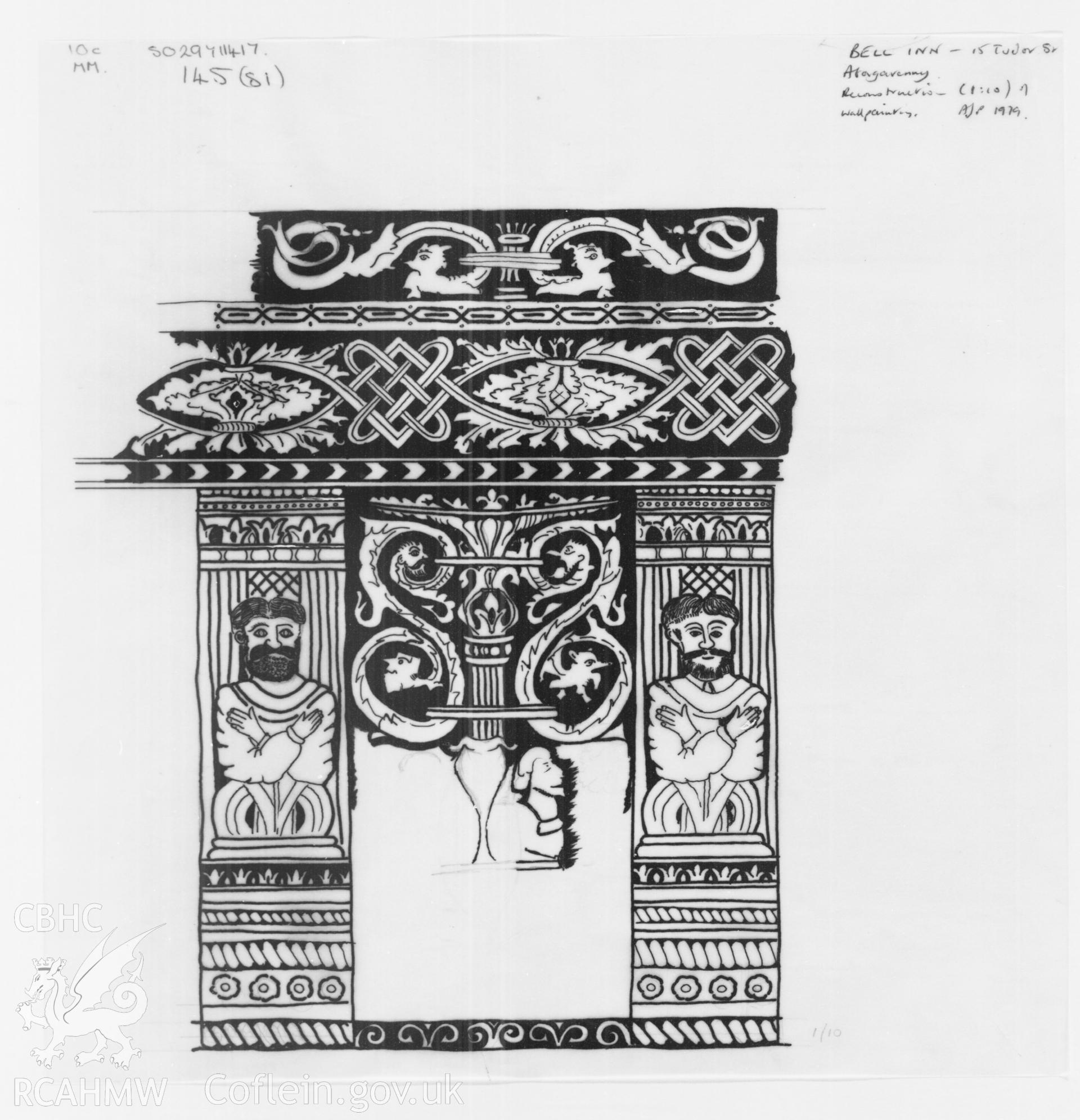 RCAHMW drawing showing reconstruction of wallpainting at the Bell Inn, 15 Tudor Street, Abergavenny.