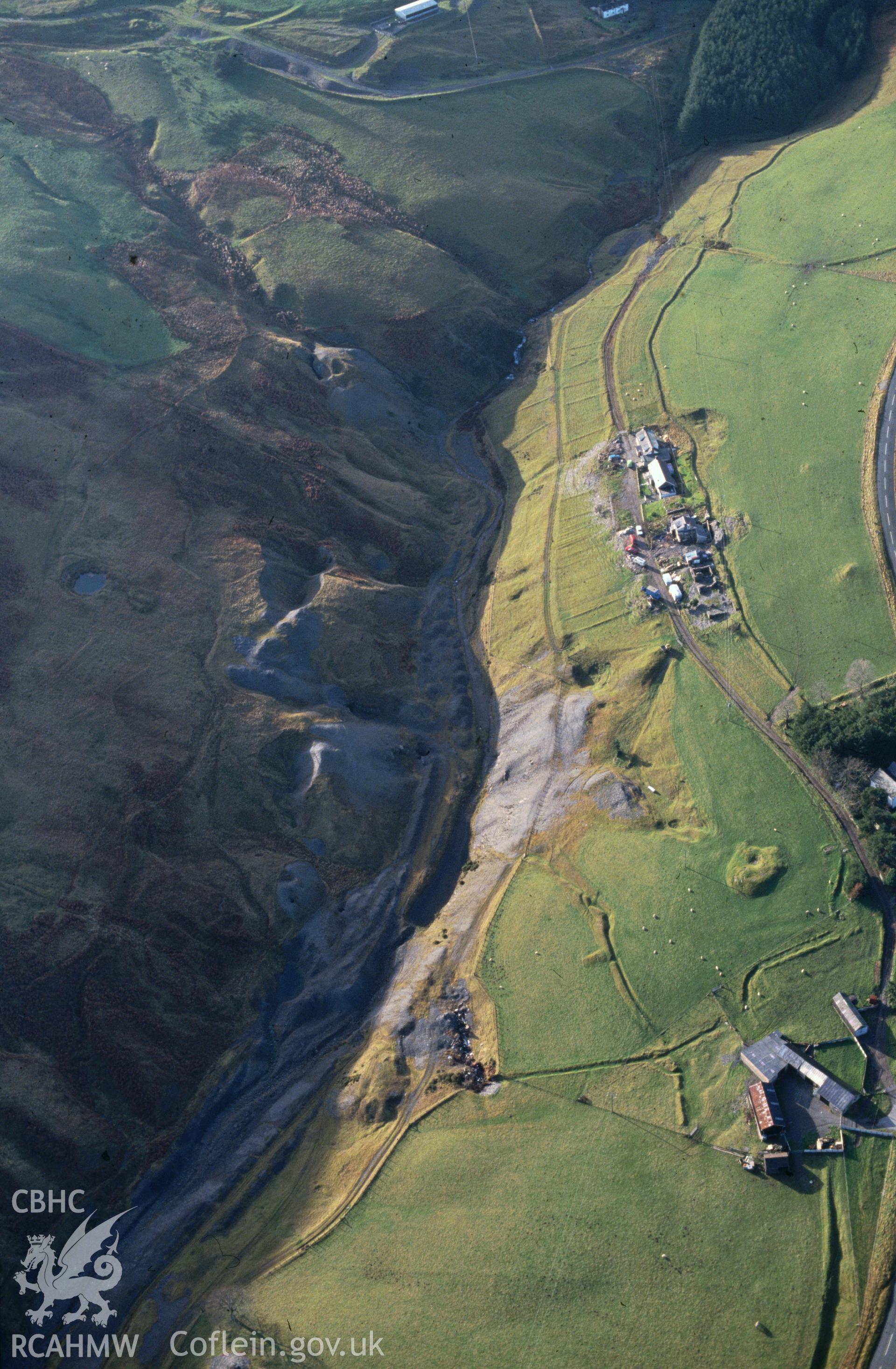 Slide of RCAHMW colour oblique aerial photograph of Lead Mining Village Dylife, taken by C.R. Musson, 8/12/1992.