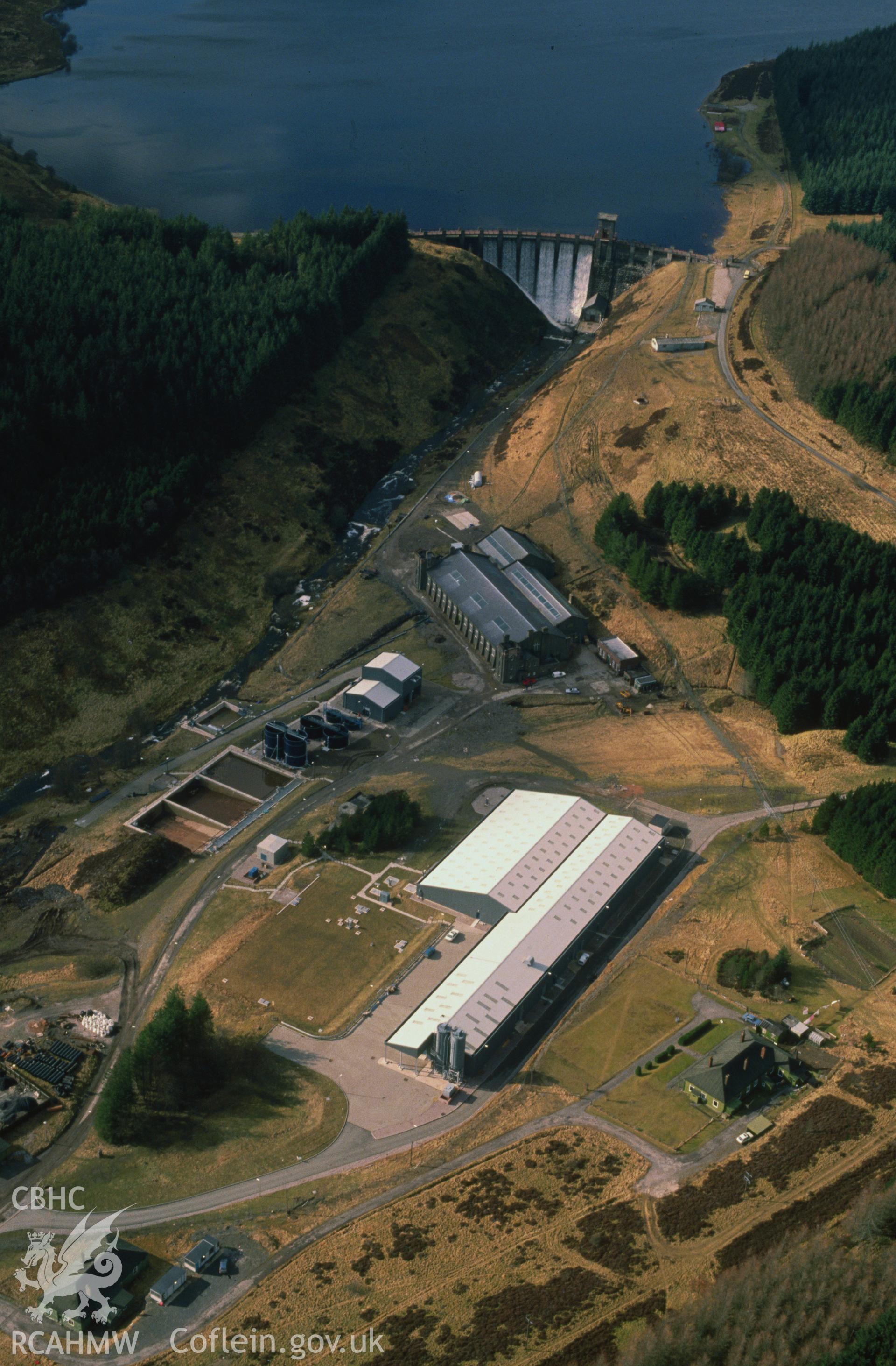 Slide of RCAHMW colour oblique aerial photograph of Alwen Water Supply: Dam, taken by C.R. Musson, 26/2/1991.