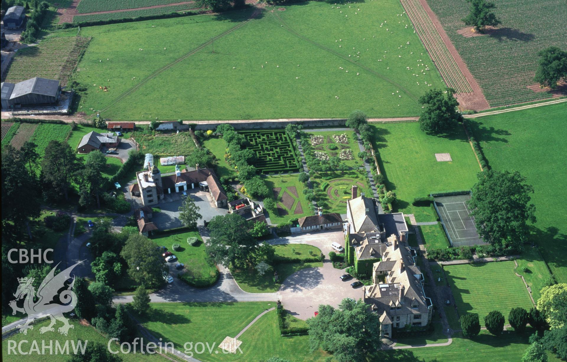 Slide of RCAHMW colour oblique aerial photograph of Llangoed Castle, taken by T.G. Driver, 19/6/1998.