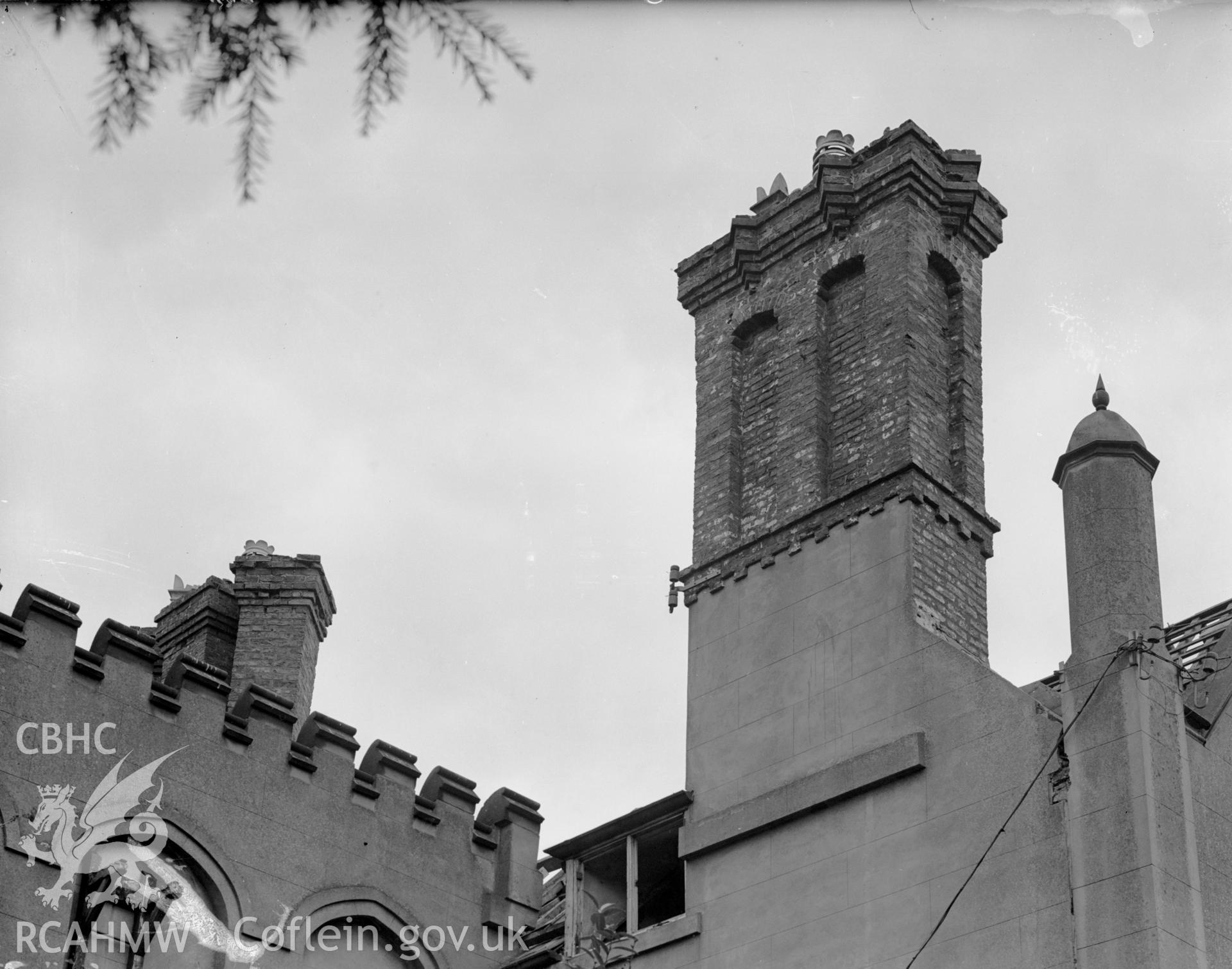 Exterior view showing earlier chimneys at Gwernheulog.