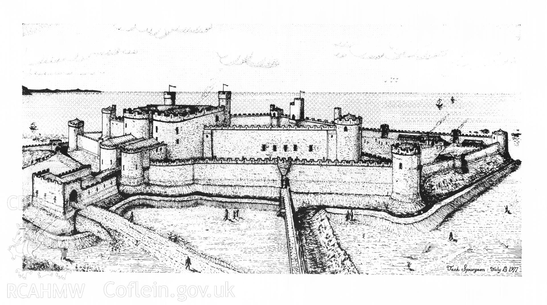 PMT copy of a reconstruction drawing of Aberystwyth Castle, after H. Hughes, 1902. Original in possession of Jack Spurgeon.