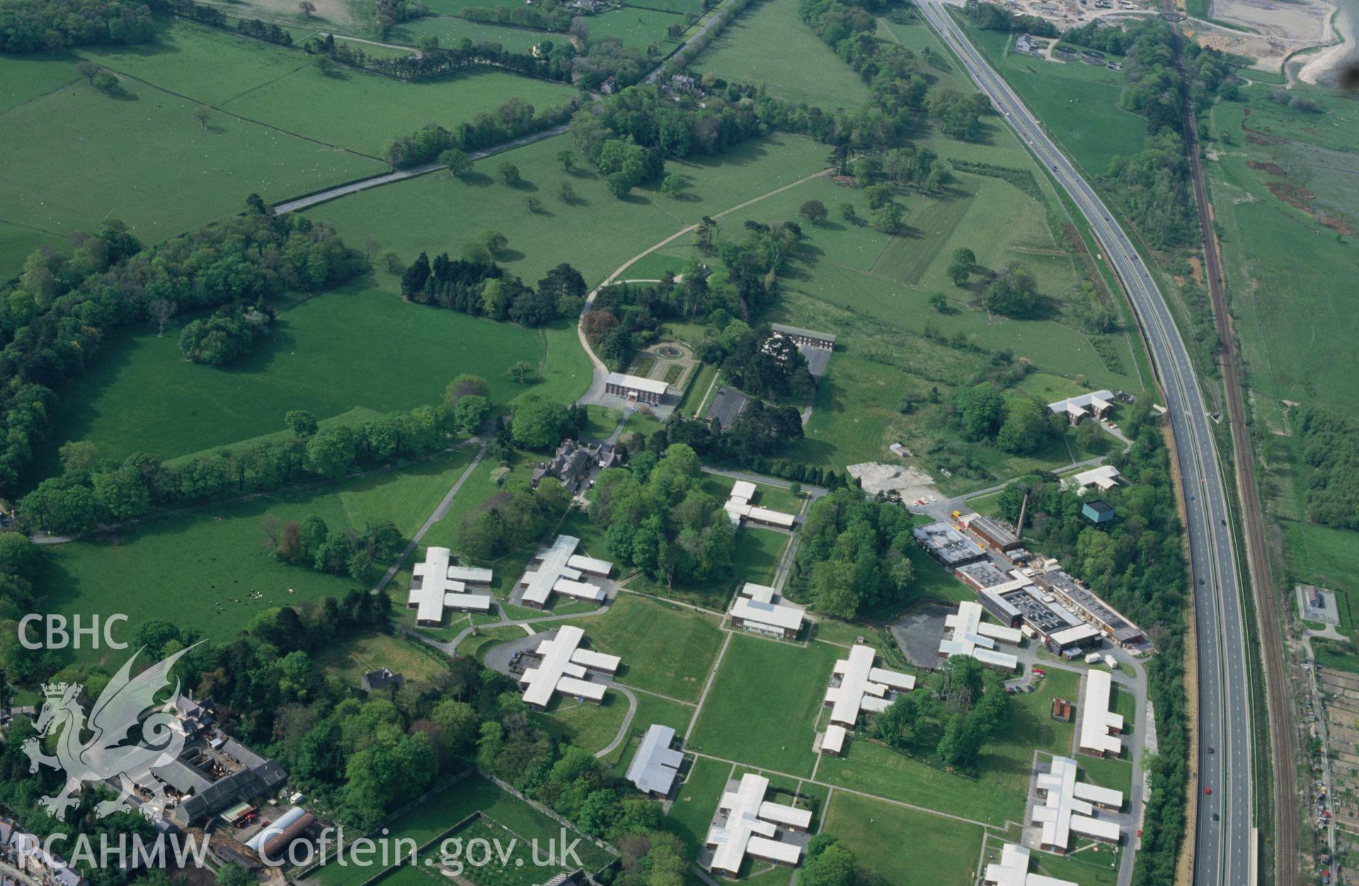 RCAHMW colour slide oblique aerial photograph of Bryn-y-neuadd Garden, Llanfairfechan, taken by C.R. Musson, 01/05/94
