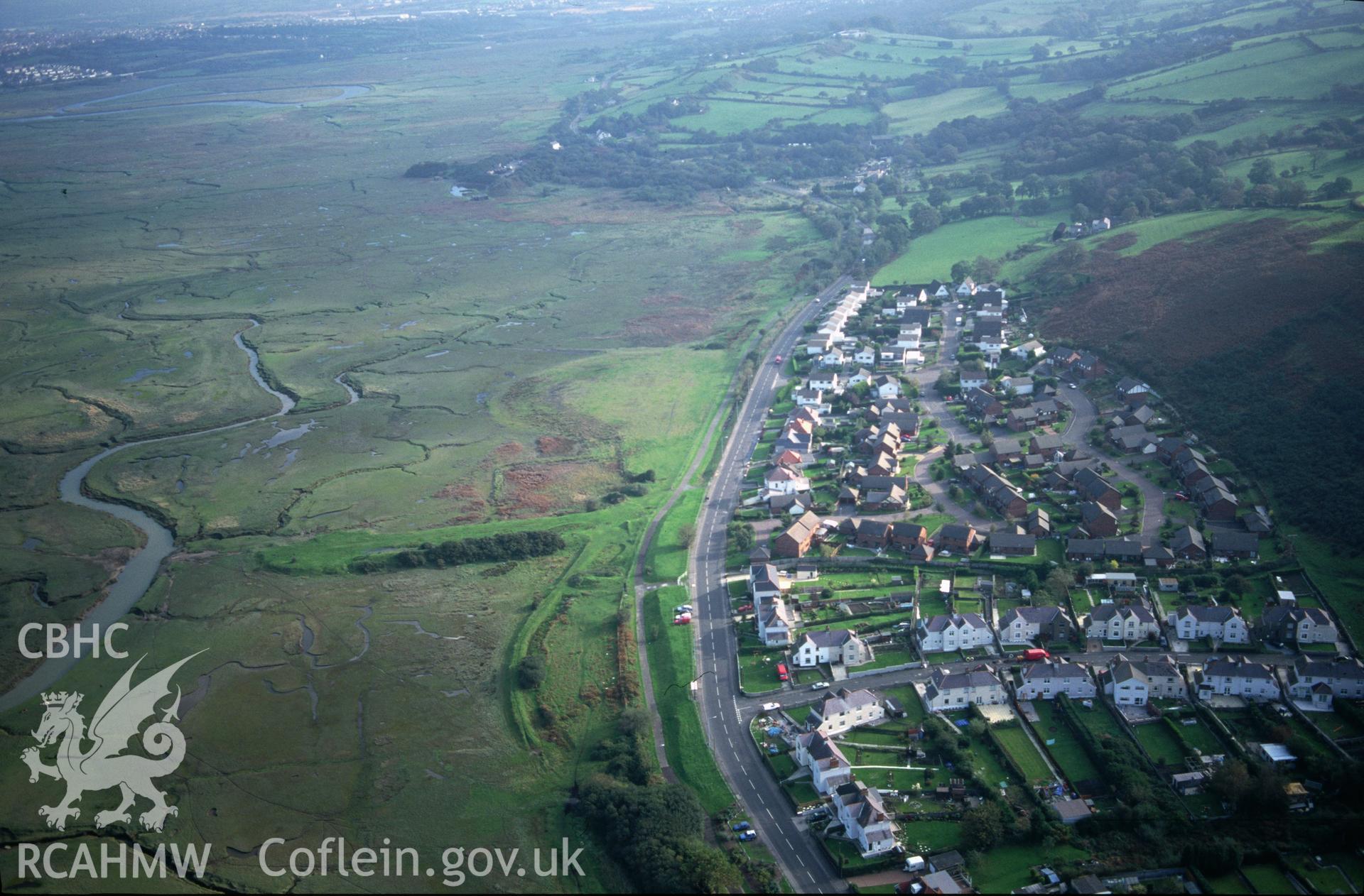 Slide of RCAHMW colour oblique aerial photograph of Pen-clawdd, taken by T.G. Driver, 22/10/1997.