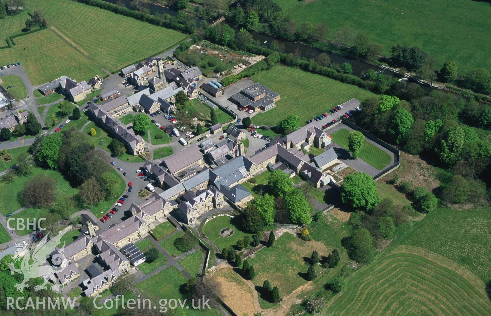 Slide of RCAHMW colour oblique aerial photograph of Glanrhyd Hospital, taken by T.G. Driver, 1/5/1998.