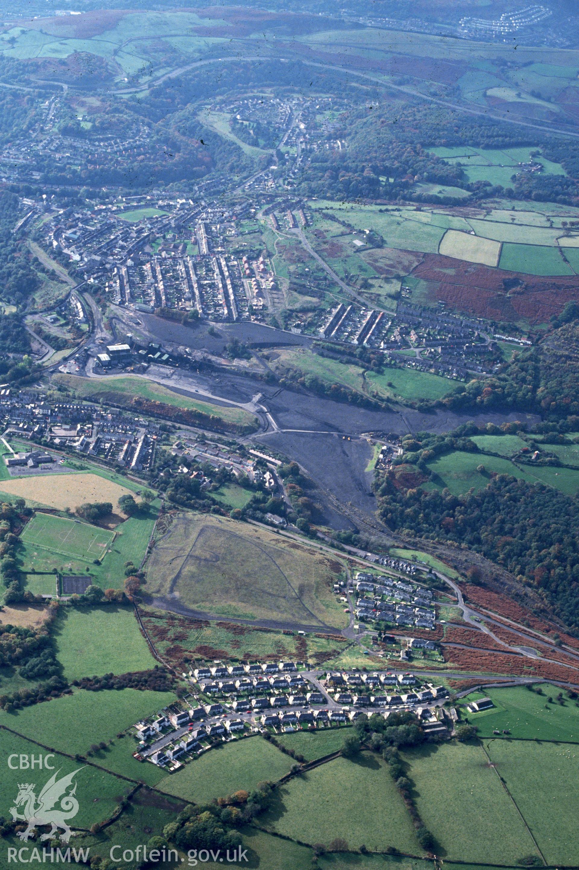 Slide of RCAHMW colour oblique aerial photograph of Taff Merthyr Garden Village, taken by C.R. Musson, 19/10/1992.