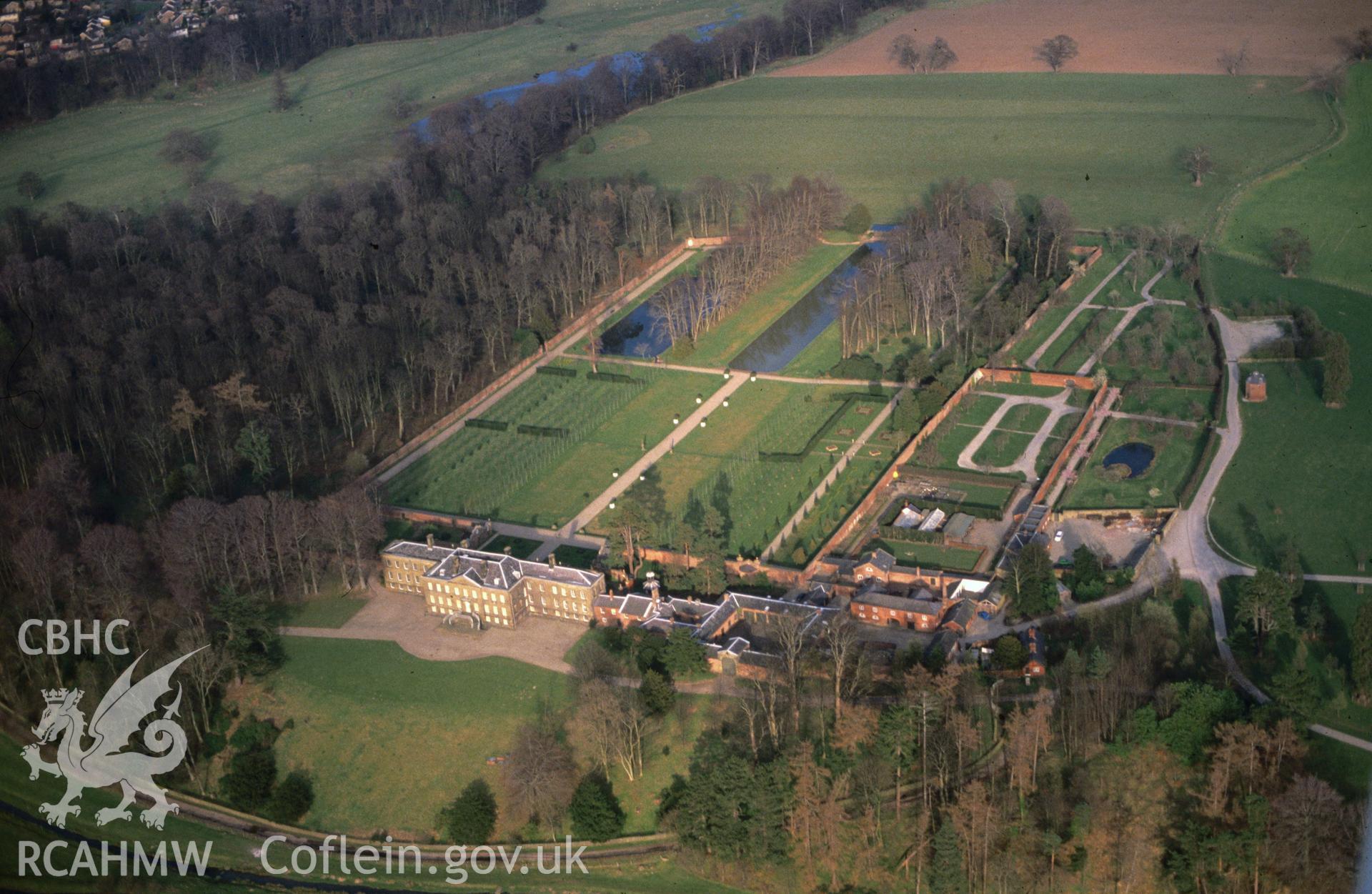 Slide of RCAHMW colour oblique aerial photograph of Erddig Hall, taken by C.R. Musson, 12/3/1990.