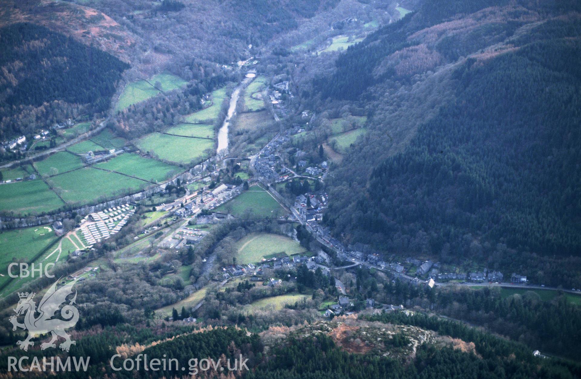 Slide of RCAHMW colour oblique aerial photograph of Betws Y Coed, taken by T.G. Driver, 14/2/2002.