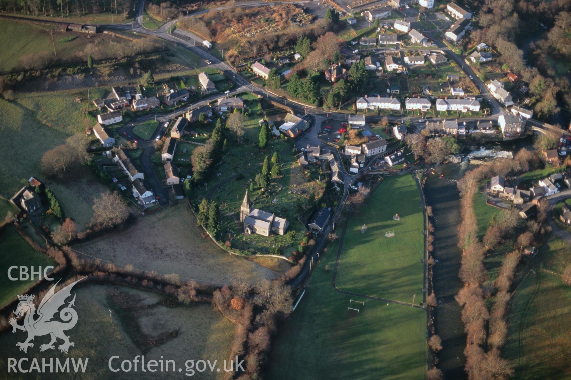 Slide of RCAHMW colour oblique aerial photograph of Tomen Llansantffraid, taken by C.R. Musson, 20/12/1998.
