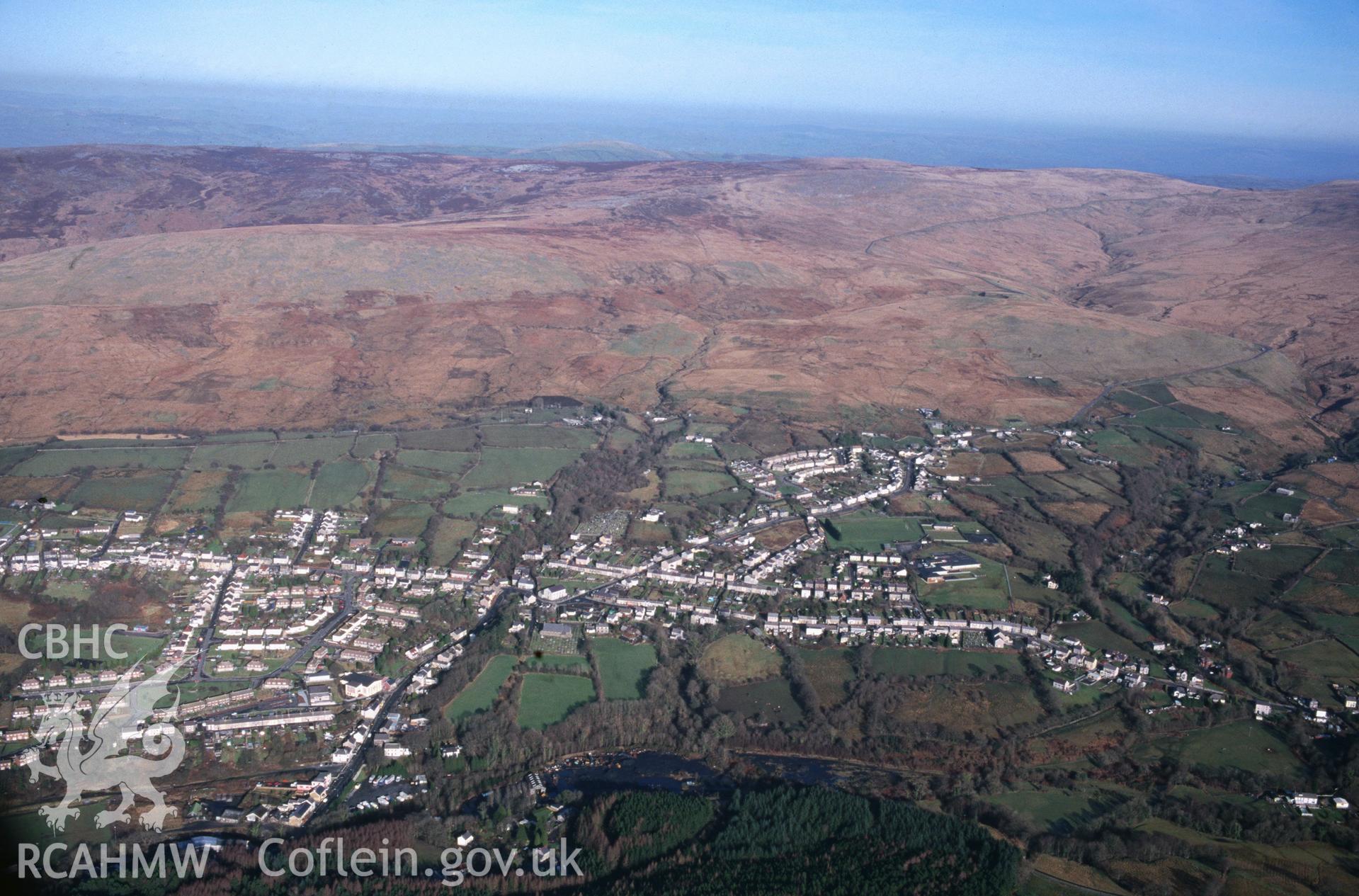 Slide of RCAHMW colour oblique aerial photograph of Brynamman;brynaman, taken by T.G. Driver, 13/2/2001.