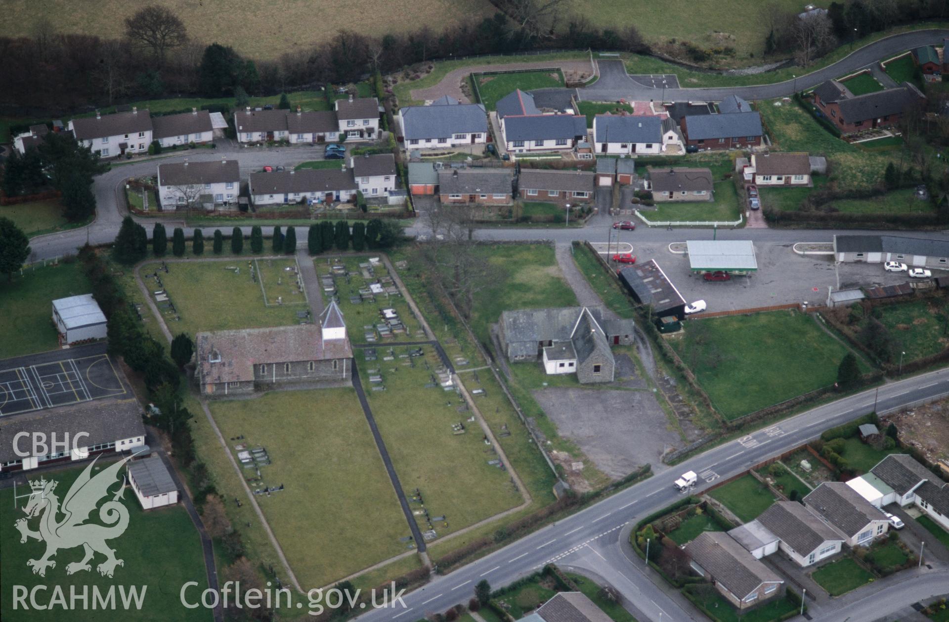 Slide of RCAHMW colour oblique aerial photograph of St John's Church, Penrhyn-coch, taken by T.G. Driver, 19/3/1999.